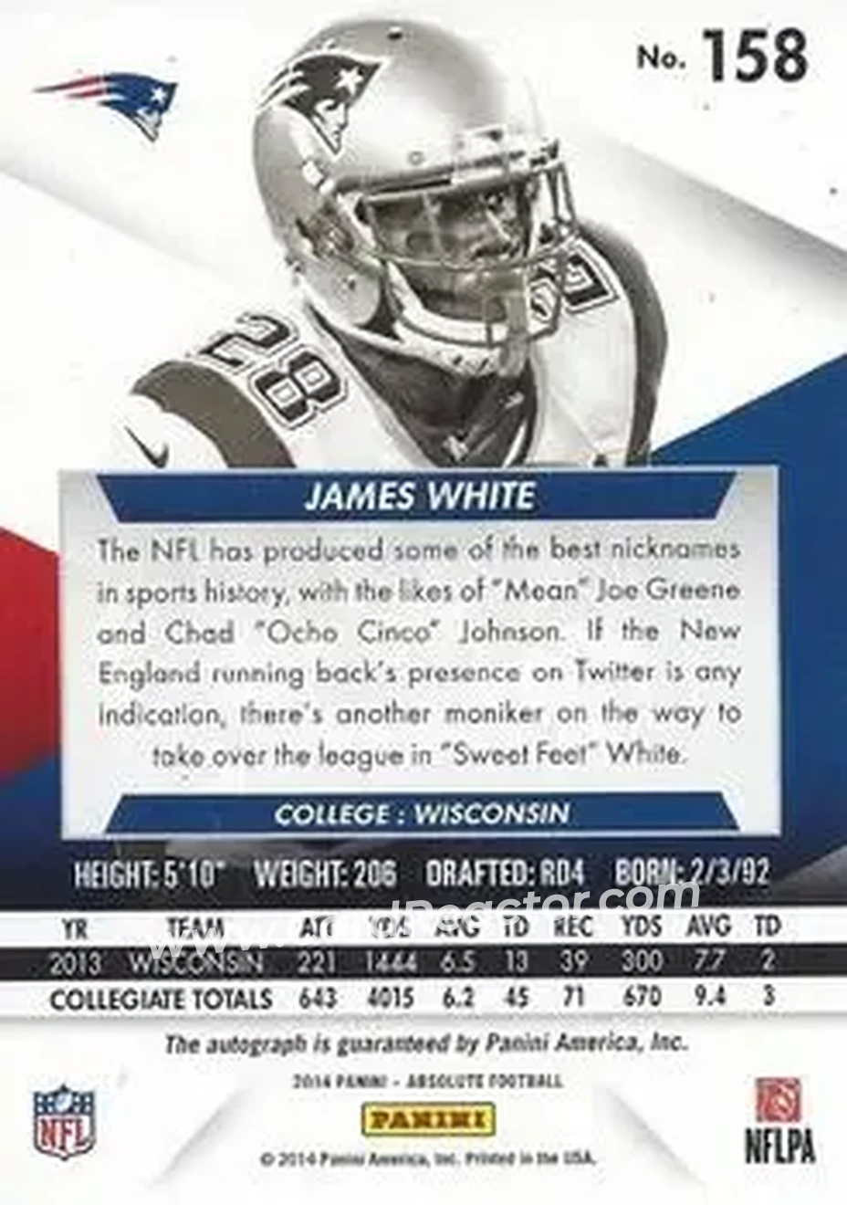 2014 Panini Absolute #158 - James White - New England Patriots - Back