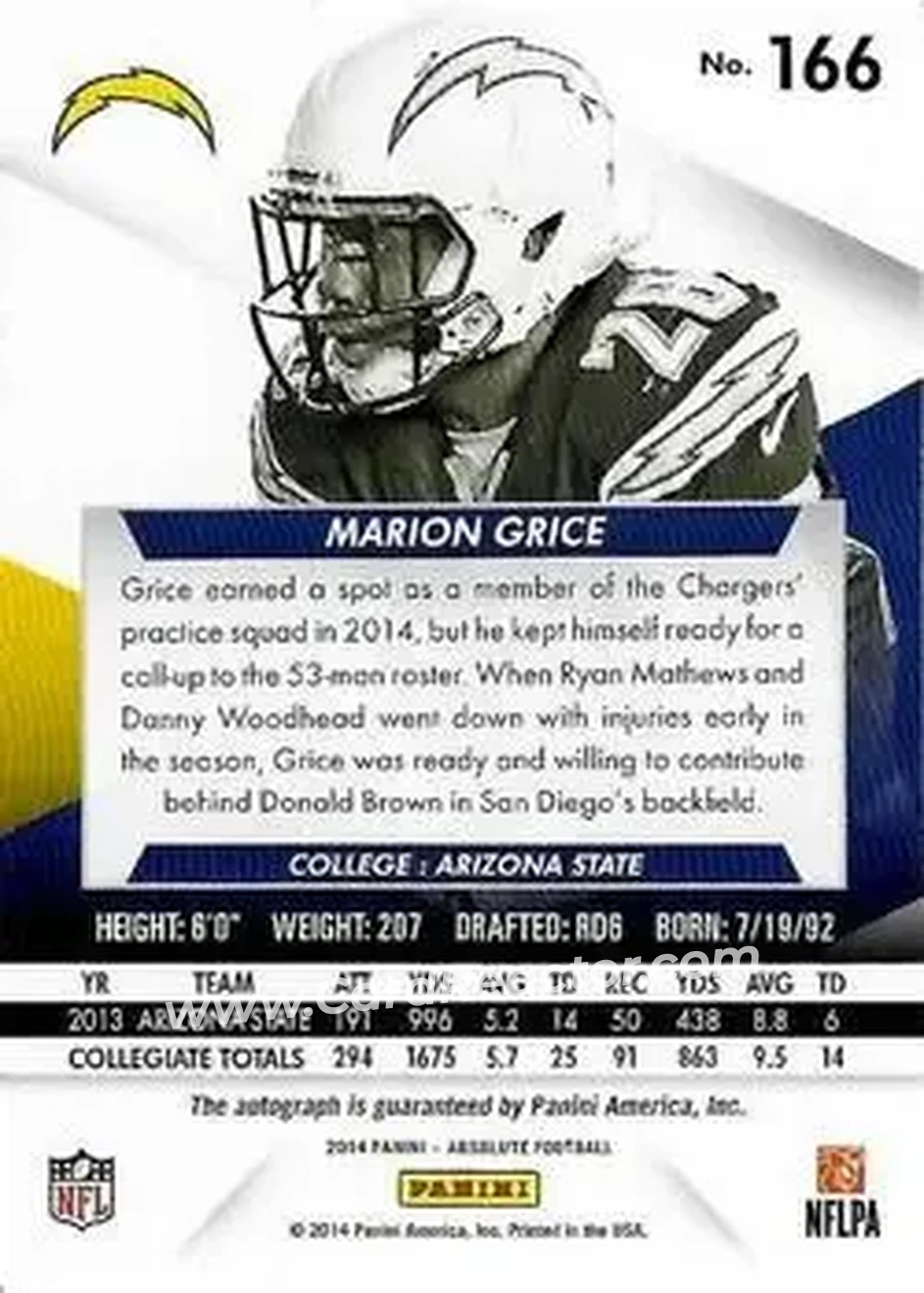 2014 Panini Absolute #166 - Marion Grice - San Diego Chargers - Back 2014 Panini Absolute #166 - Marion Grice - San Diego Chargers - Back