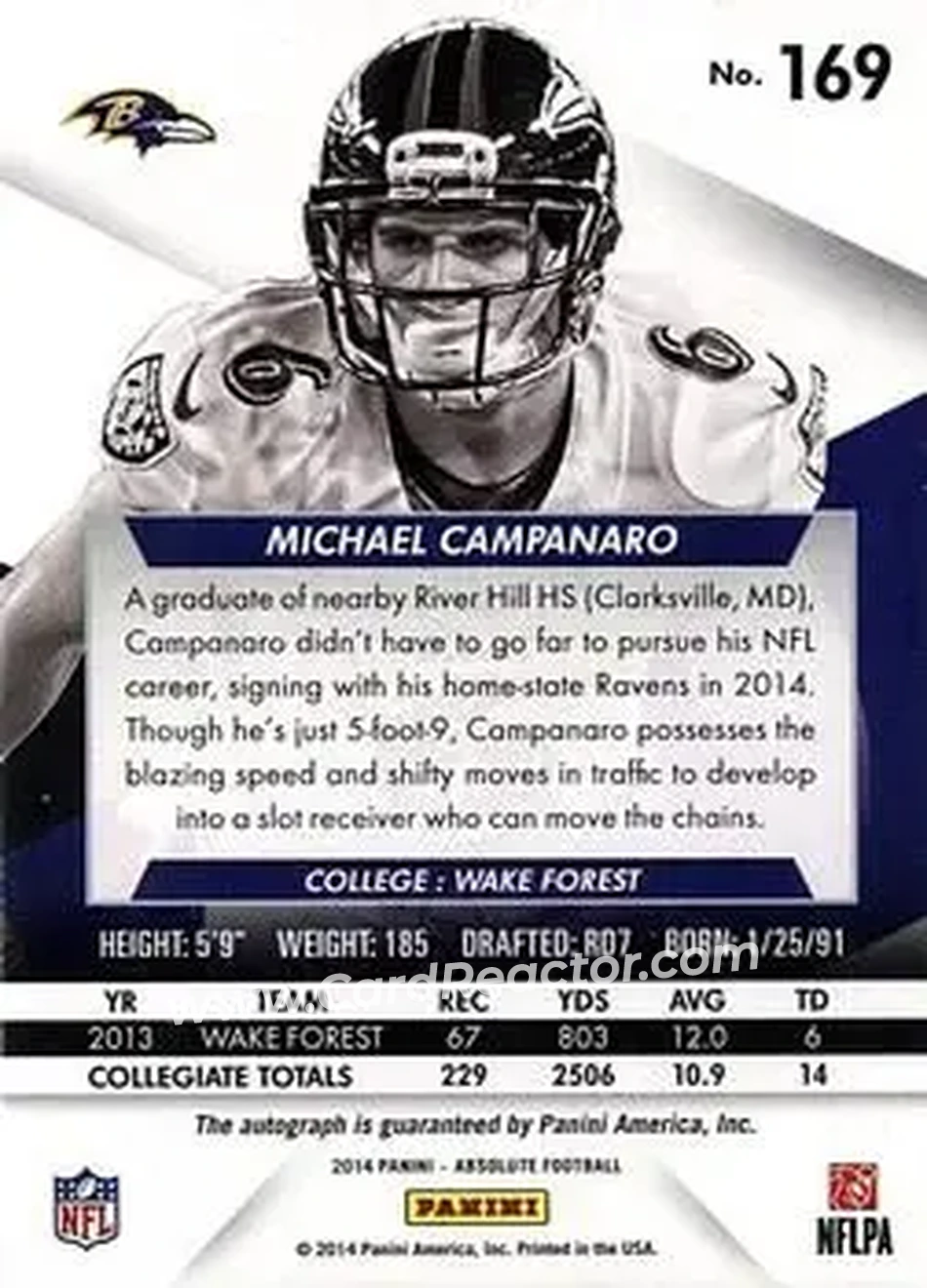 2014 Panini Absolute #169 - Michael Campanaro - Baltimore Ravens - Back 2014 Panini Absolute #169 - Michael Campanaro - Baltimore Ravens - Back
