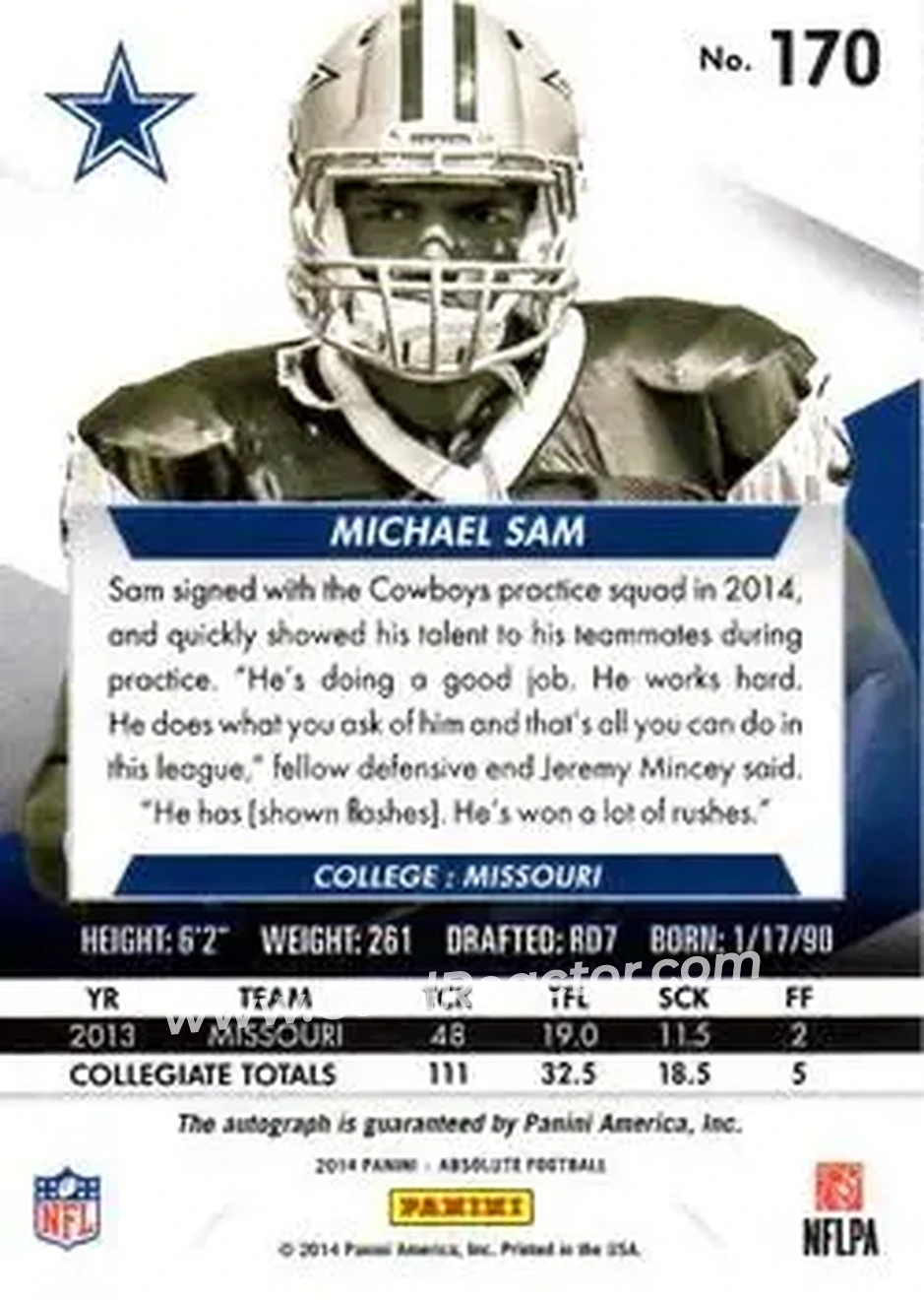 2014 Panini Absolute #170 - Michael Sam - Dallas Cowboys - Back 2014 Panini Absolute #170 - Michael Sam - Dallas Cowboys - Back