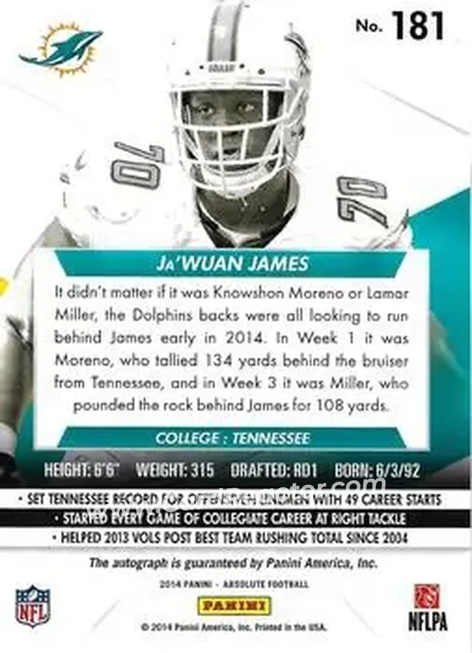 2014 Panini Absolute #181 - Ja'Wuan James - Miami Dolphins - Back 2014 Panini Absolute #181 - Ja'Wuan James - Miami Dolphins - Back