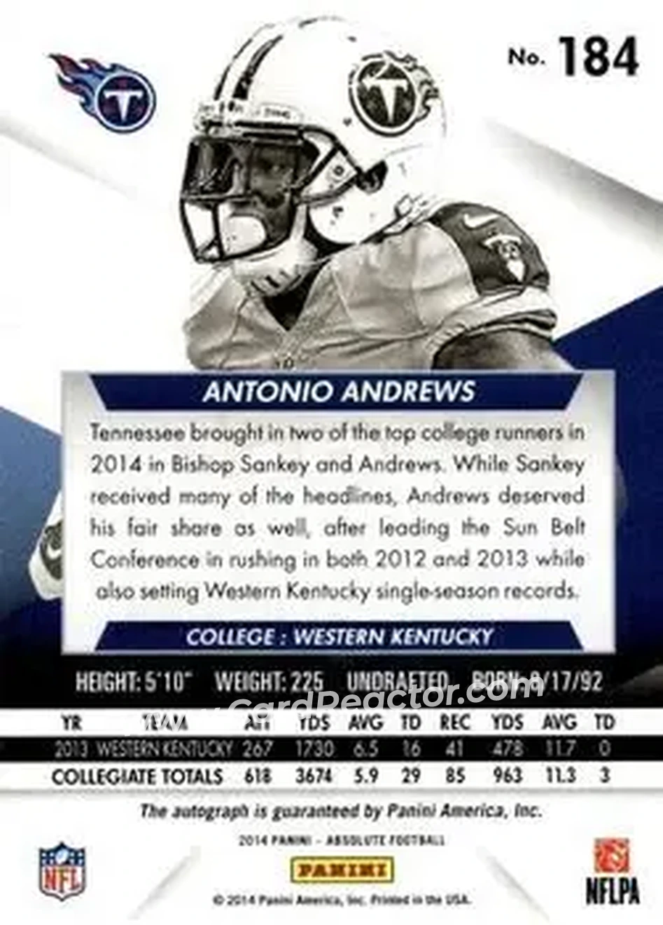 2014 Panini Absolute #184 - Antonio Andrews - Tennessee Titans - Back 2014 Panini Absolute #184 - Antonio Andrews - Tennessee Titans - Back