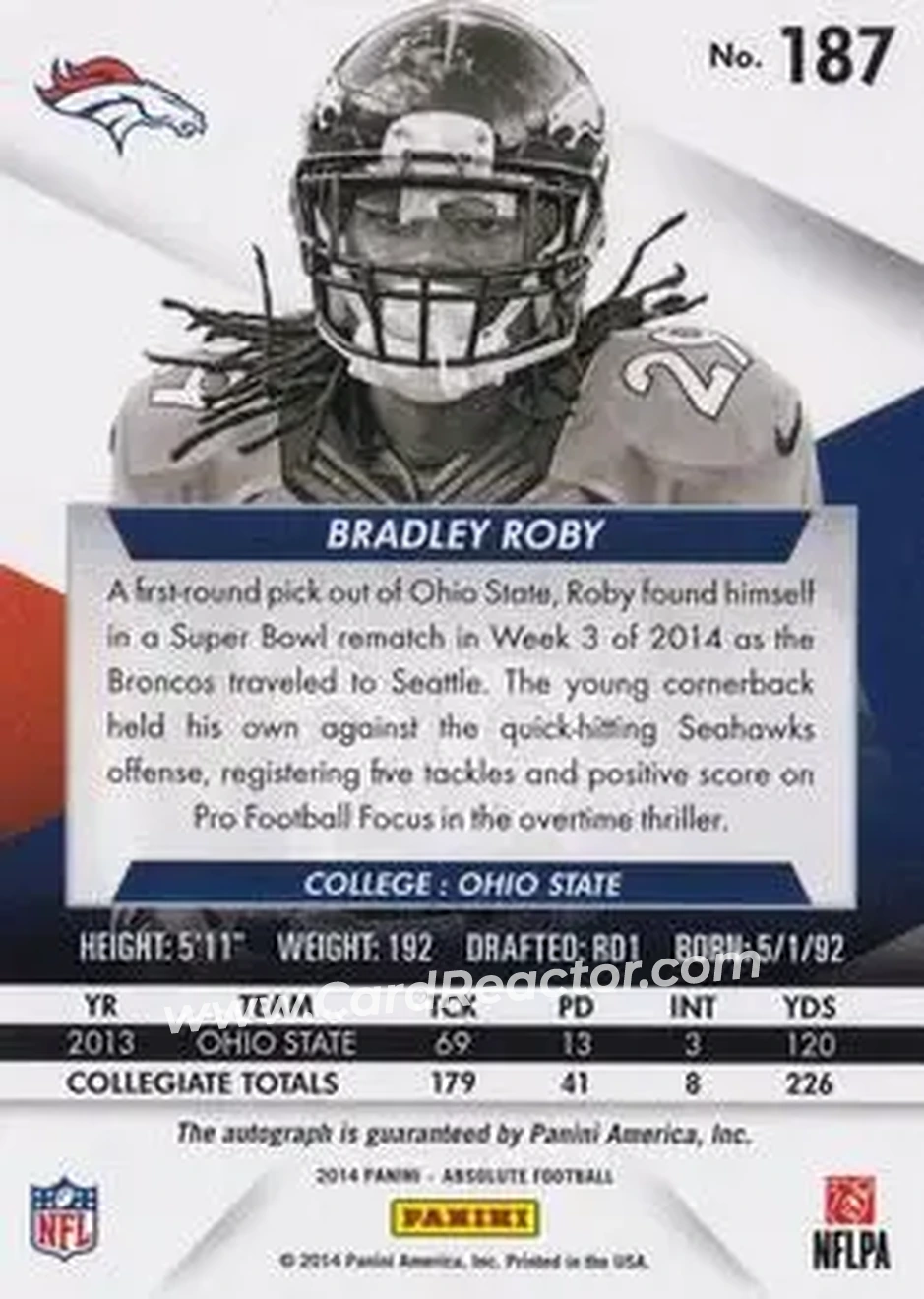 2014 Panini Absolute #187 - Bradley Roby - Denver Broncos - Back