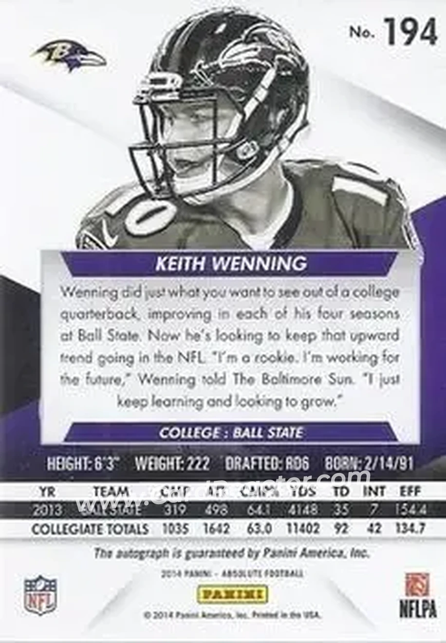 2014 Panini Absolute #194 - Keith Wenning - Baltimore Ravens - Back