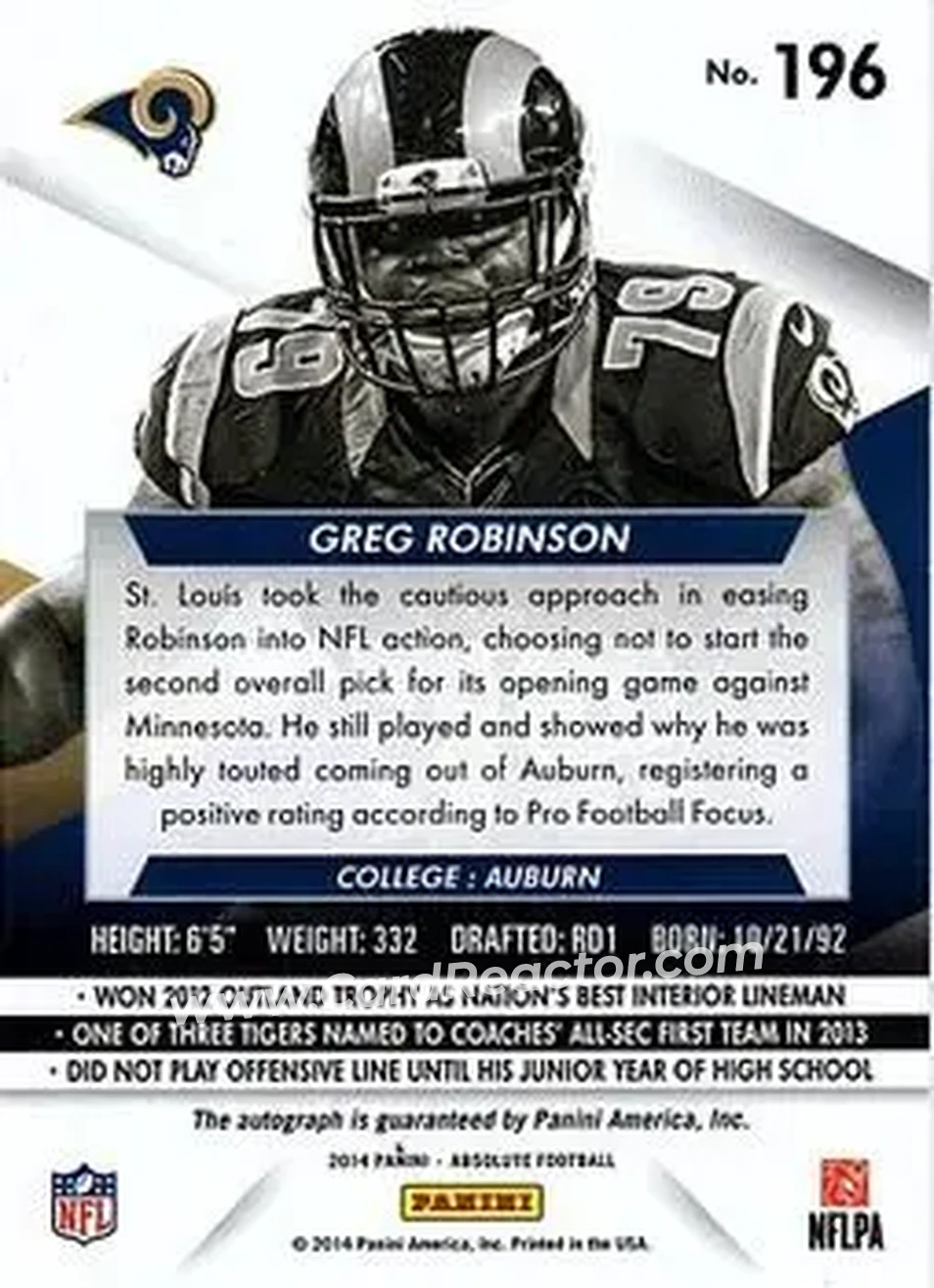 2014 Panini Absolute #196 - Greg Robinson - St. Louis Rams - Back