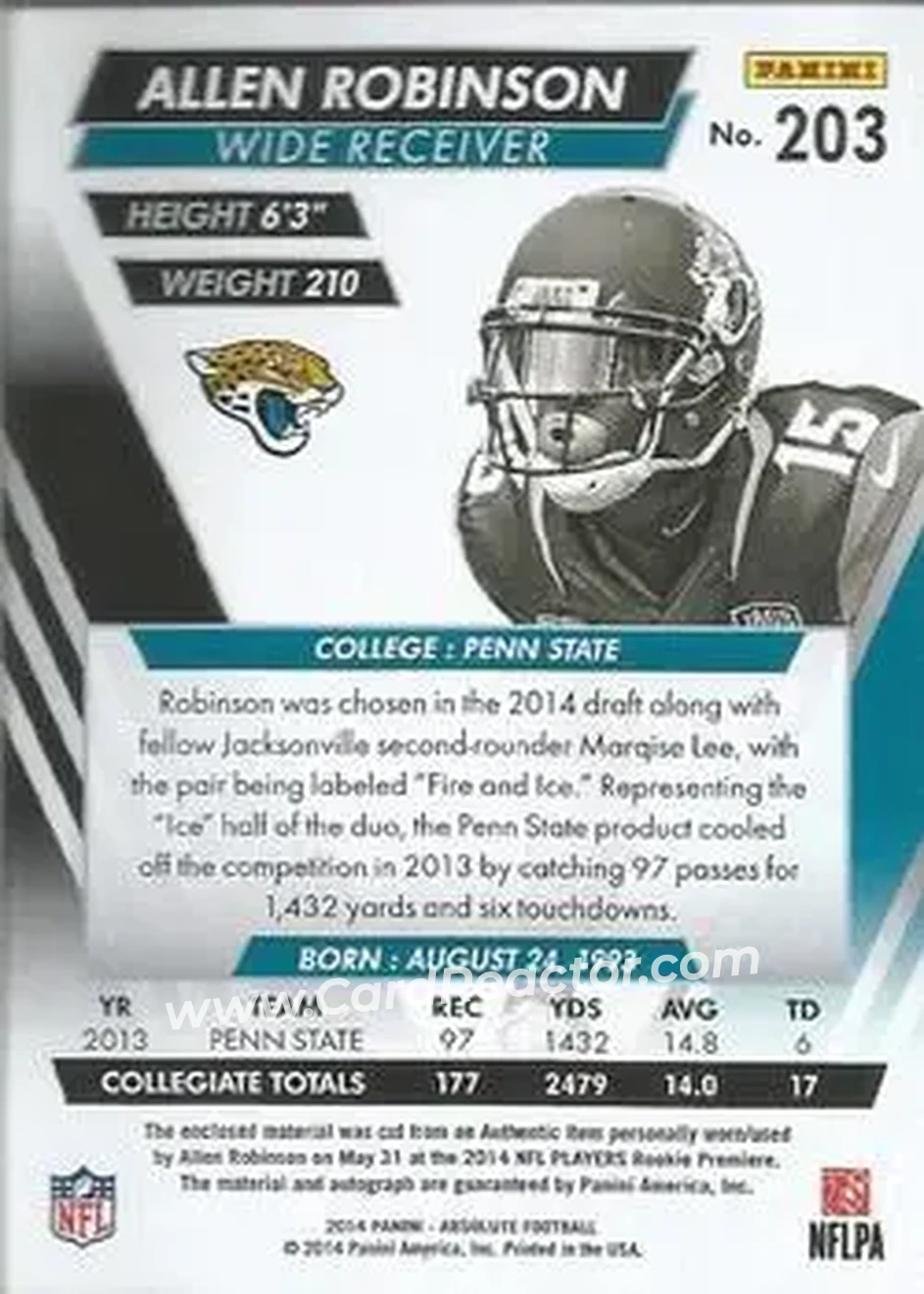 2014 Panini Absolute #203 - Allen Robinson II - Jacksonville Jaguars - Back