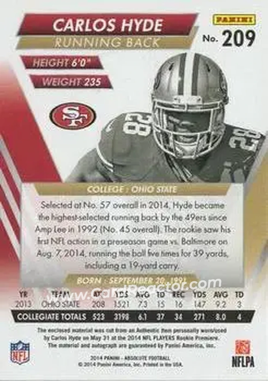 2014 Panini Absolute #209 - Carlos Hyde - San Francisco 49ers - Back
