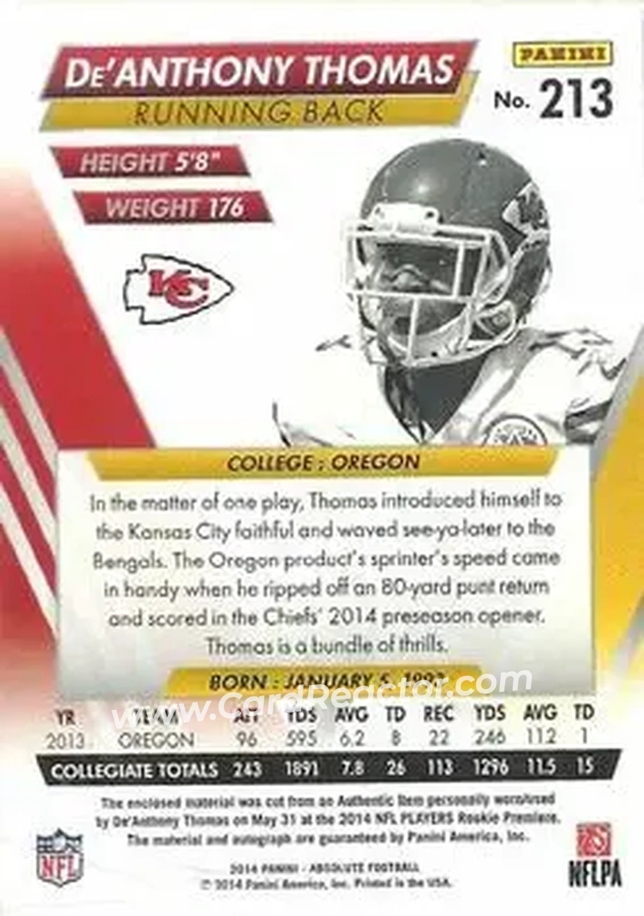 2014 Panini Absolute #213 - De'Anthony Thomas - Kansas City Chiefs - Back