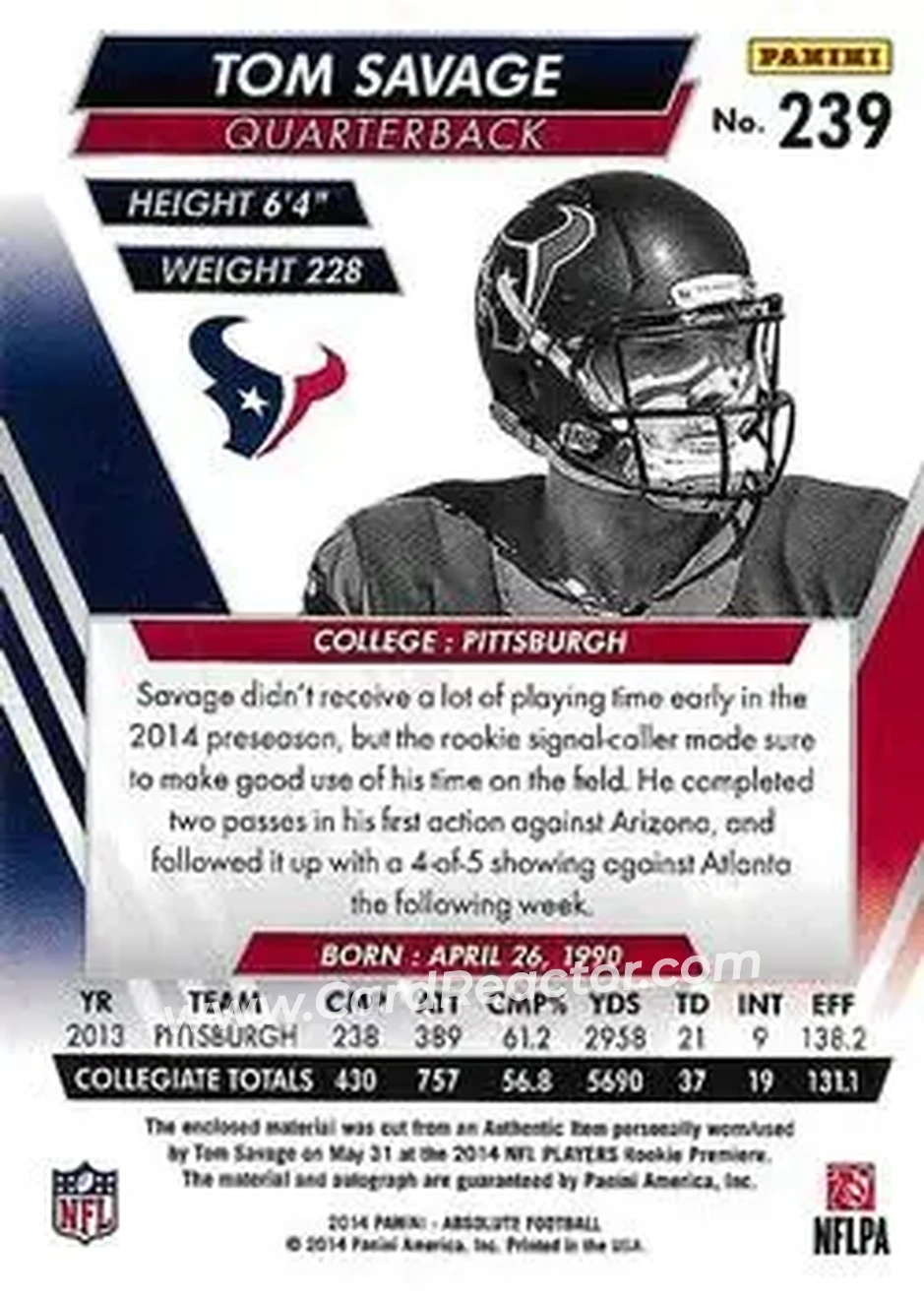 2014 Panini Absolute #239 - Tom Savage - Houston Texans - Back