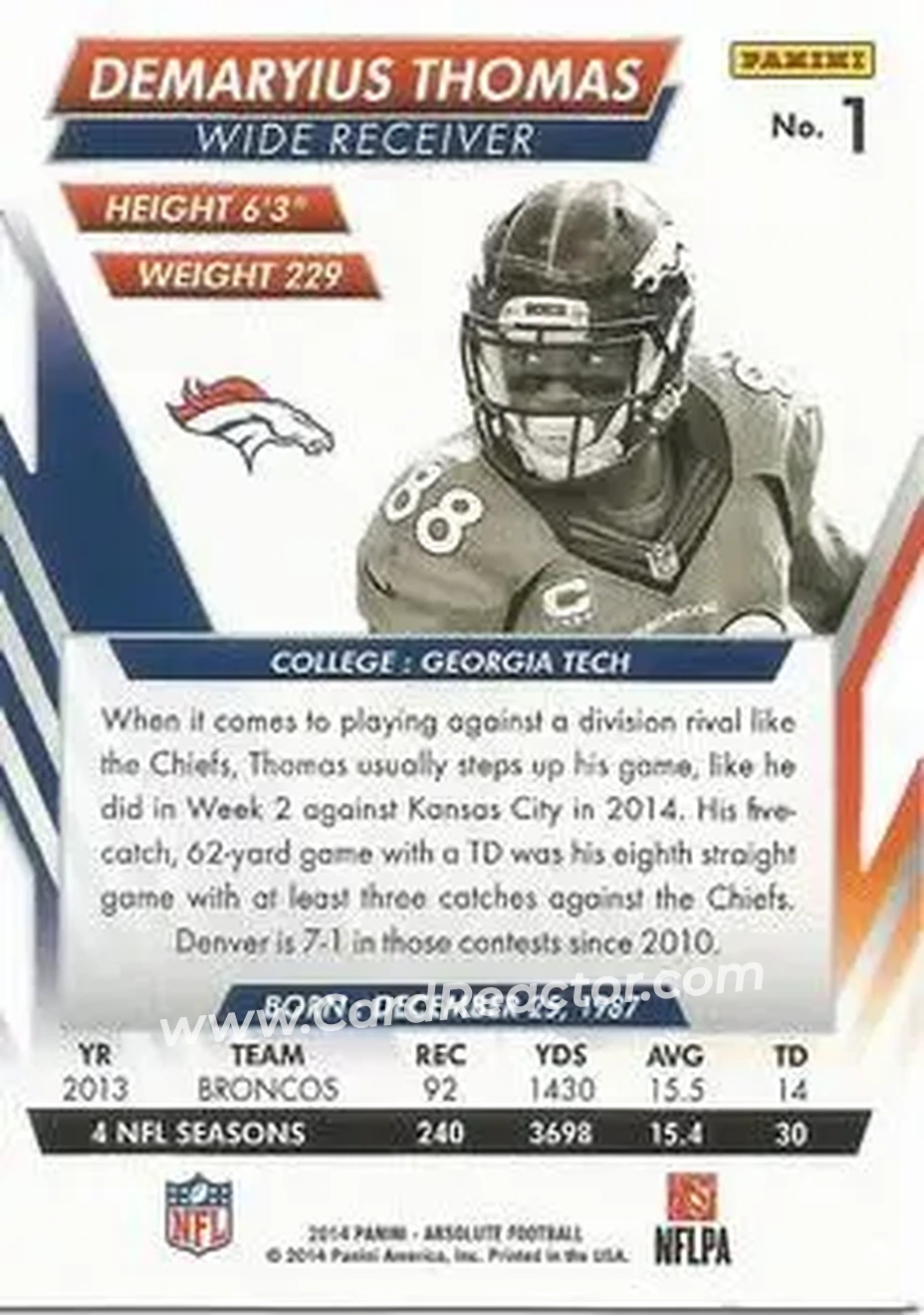 2014 Panini Absolute - Retail #1 - Demaryius Thomas - Denver Broncos - Back