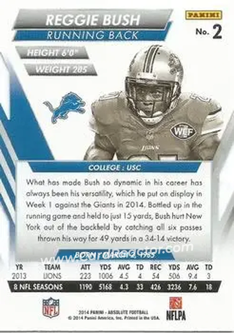 2014 Panini Absolute - Retail #2 - Reggie Bush - Detroit Lions - Back 2014 Panini Absolute - Retail #2 - Reggie Bush - Detroit Lions - Back