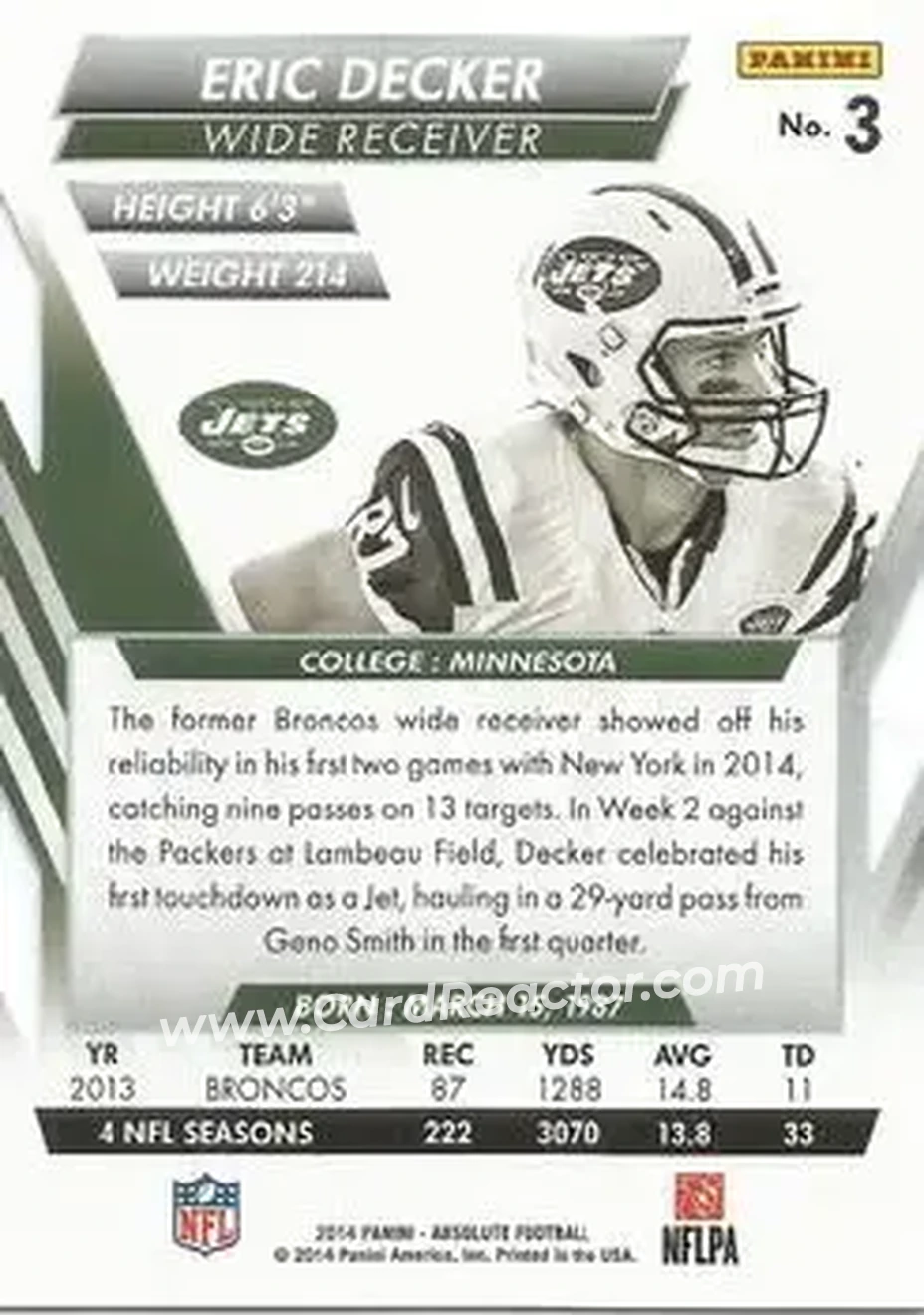 2014 Panini Absolute - Retail #3 - Eric Decker - New York Jets - Back 2014 Panini Absolute - Retail #3 - Eric Decker - New York Jets - Back