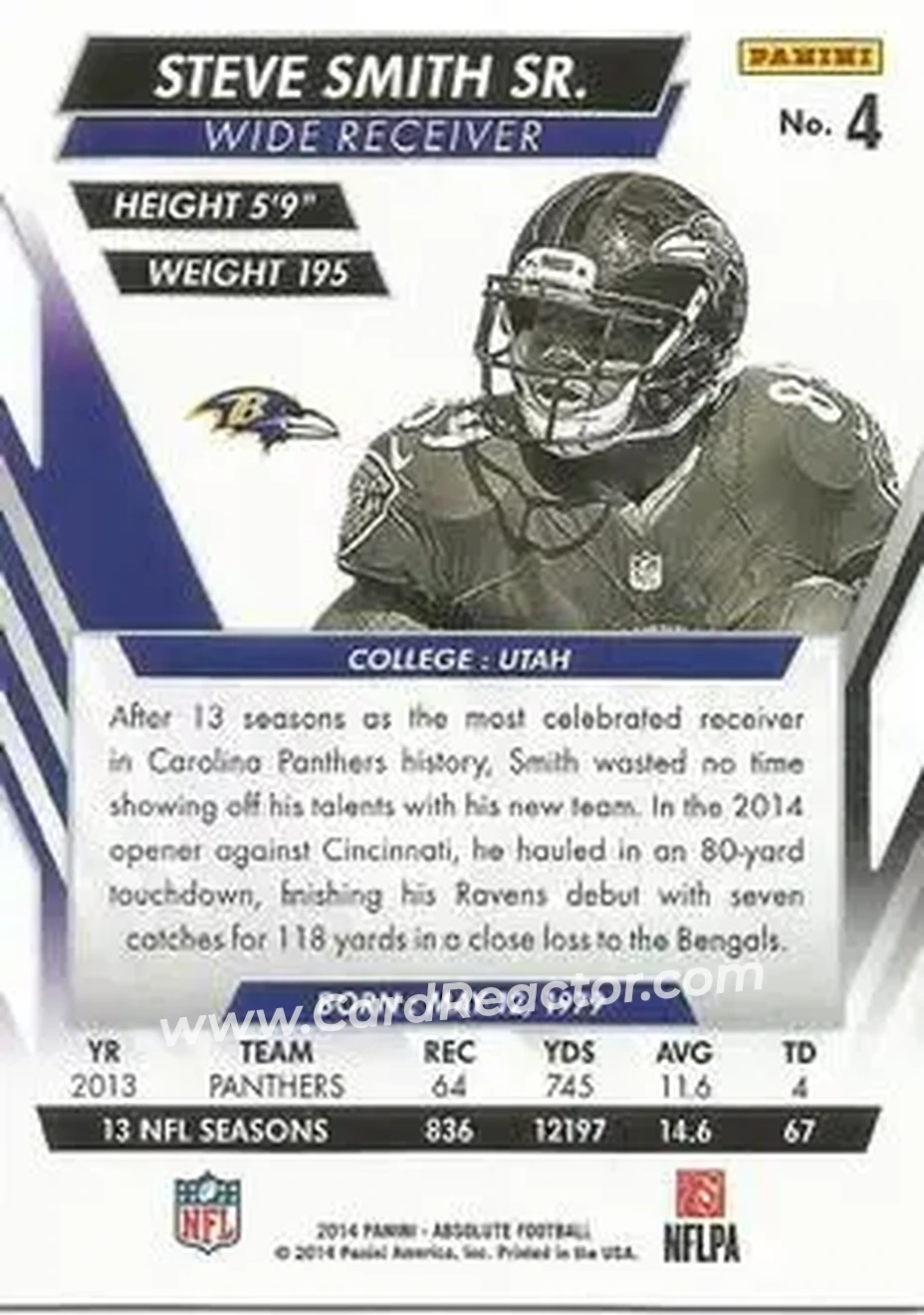 2014 Panini Absolute - Retail #4 - Steve Smith Sr. - Baltimore Ravens - Back