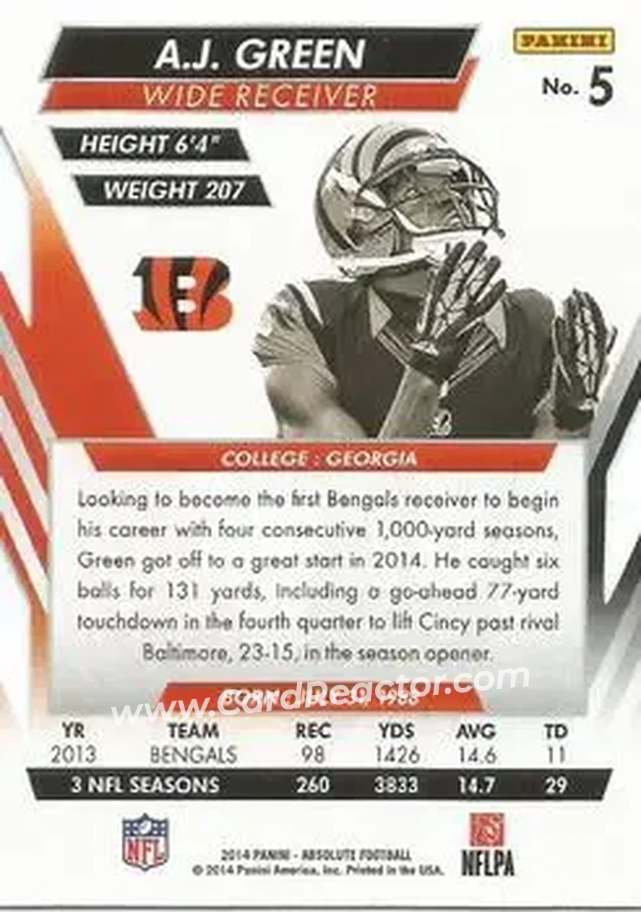 2014 Panini Absolute - Retail #5 - A.J. Green - Cincinnati Bengals - Back