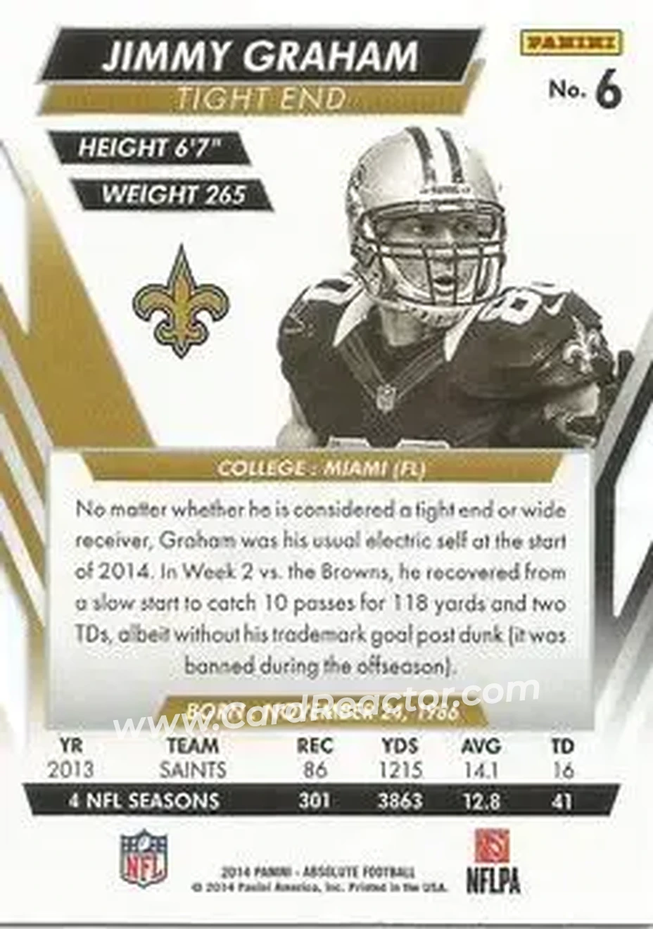 2014 Panini Absolute - Retail #6 - Jimmy Graham - New Orleans Saints - Back