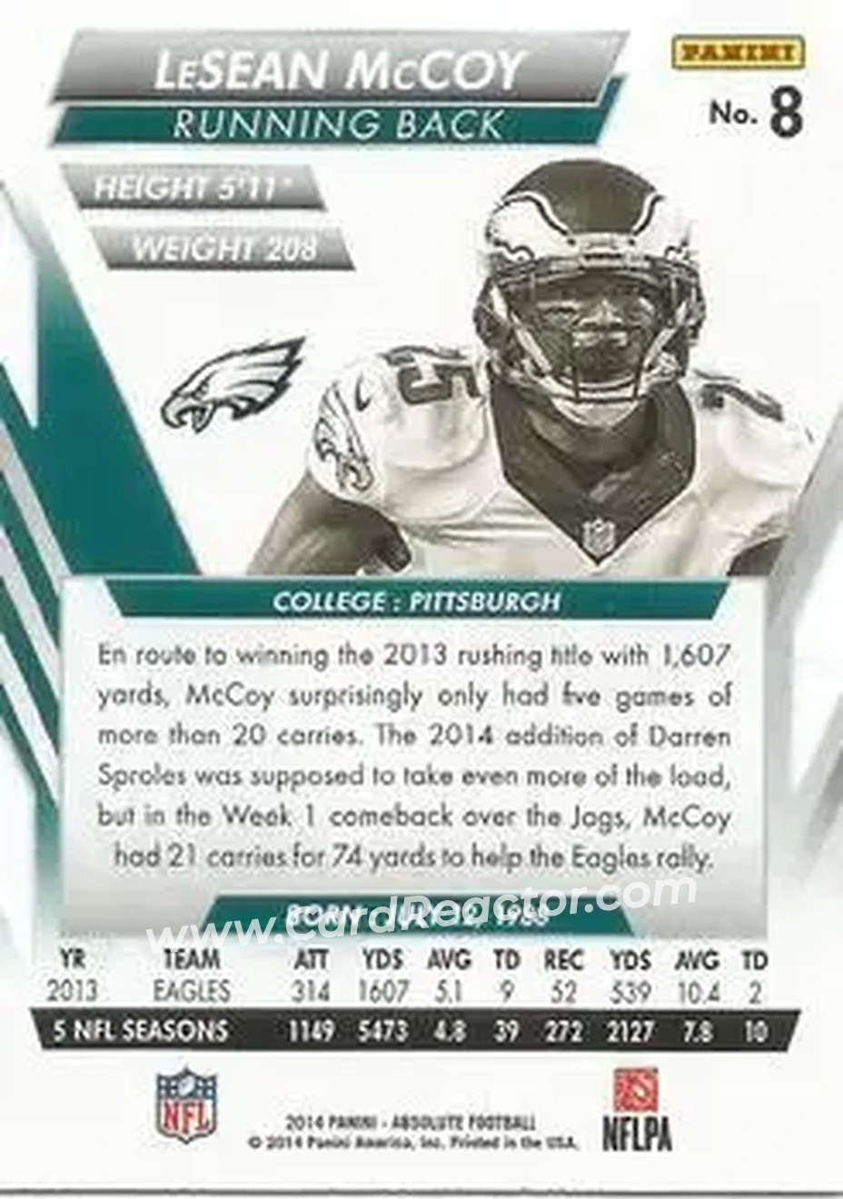 2014 Panini Absolute - Retail #8 - LeSean McCoy - Philadelphia Eagles - Back 2014 Panini Absolute - Retail #8 - LeSean McCoy - Philadelphia Eagles - Back
