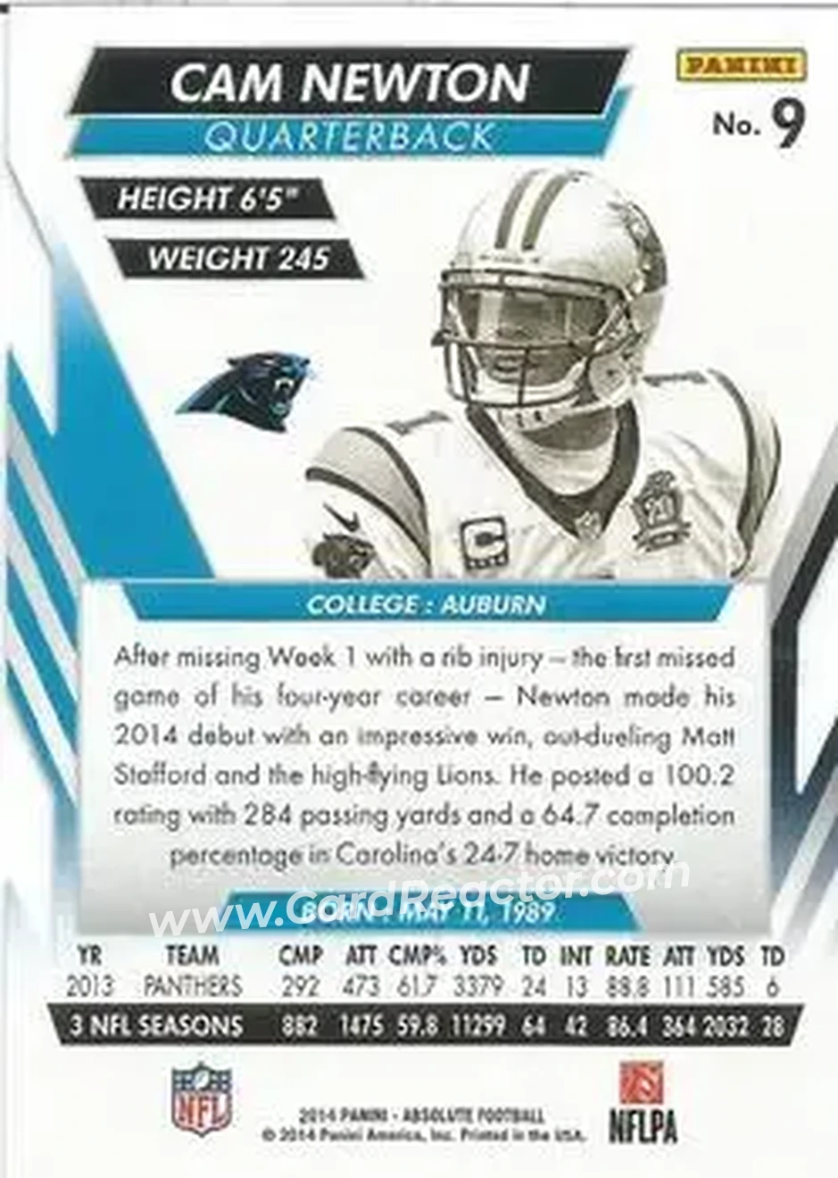 2014 Panini Absolute - Retail #9 - Cam Newton - Carolina Panthers - Back