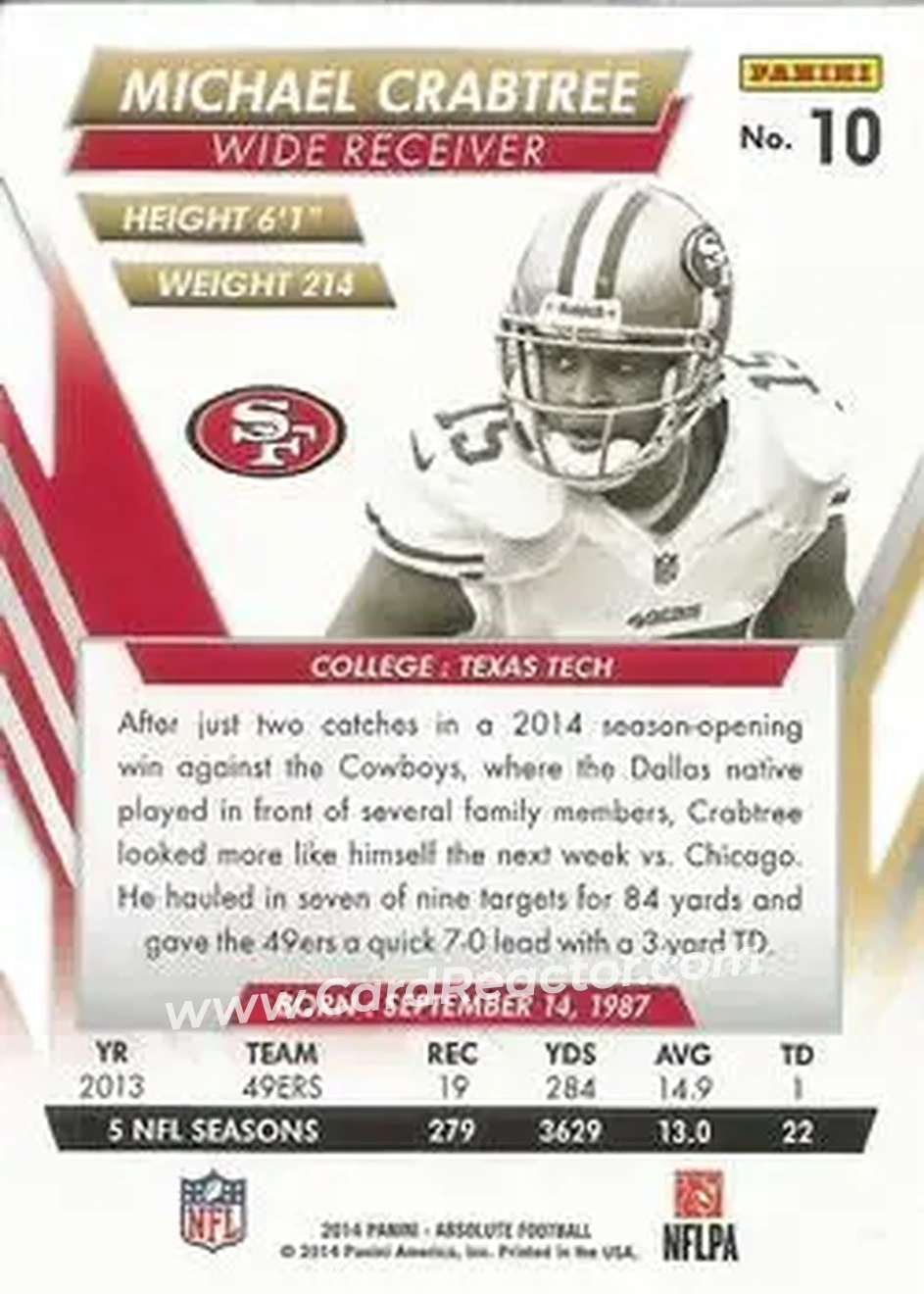 2014 Panini Absolute - Retail #10 - Michael Crabtree - San Francisco 49ers - Back