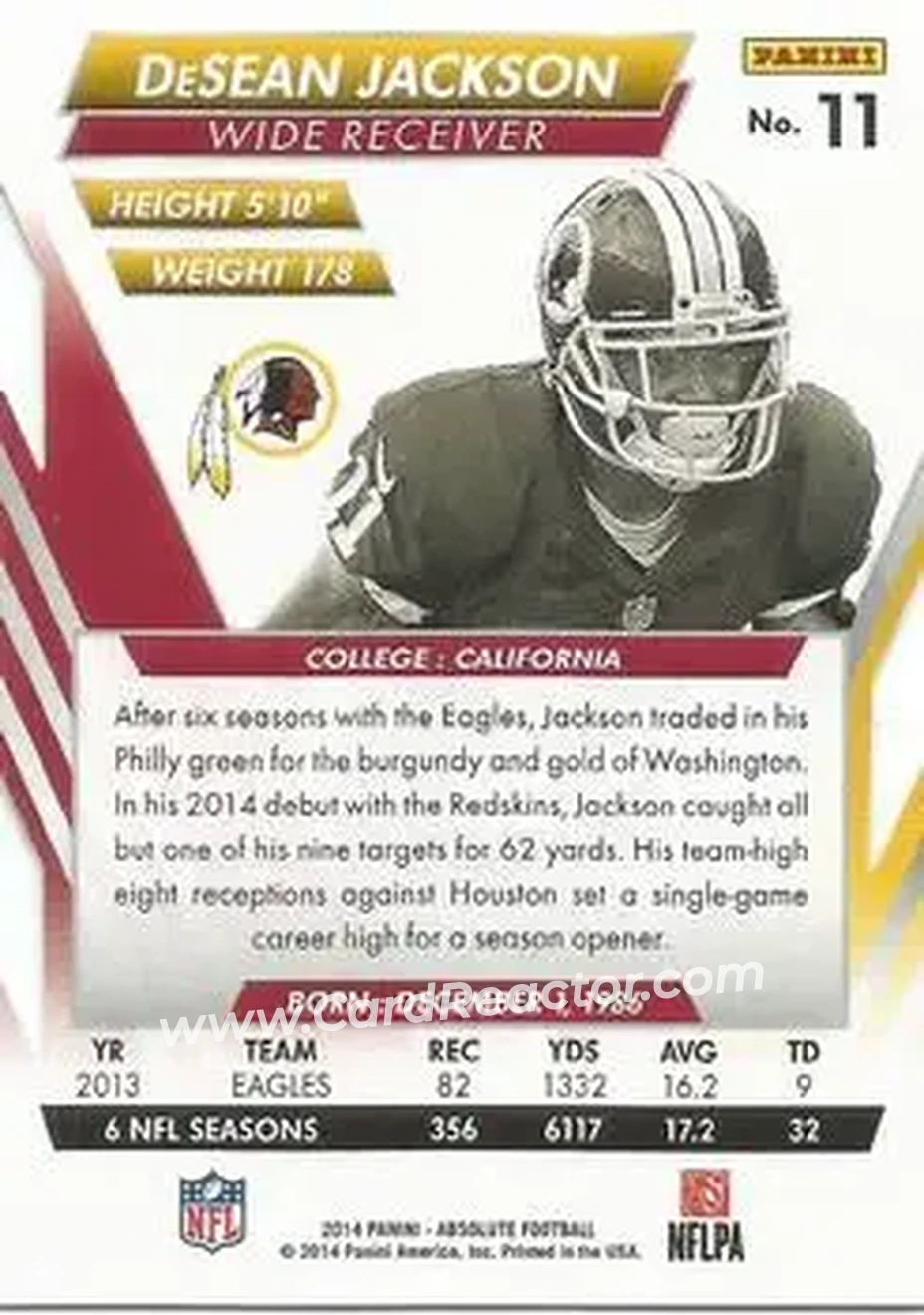 2014 Panini Absolute - Retail #11 - DeSean Jackson - Washington Redskins - Back 2014 Panini Absolute - Retail #11 - DeSean Jackson - Washington Redskins - Back