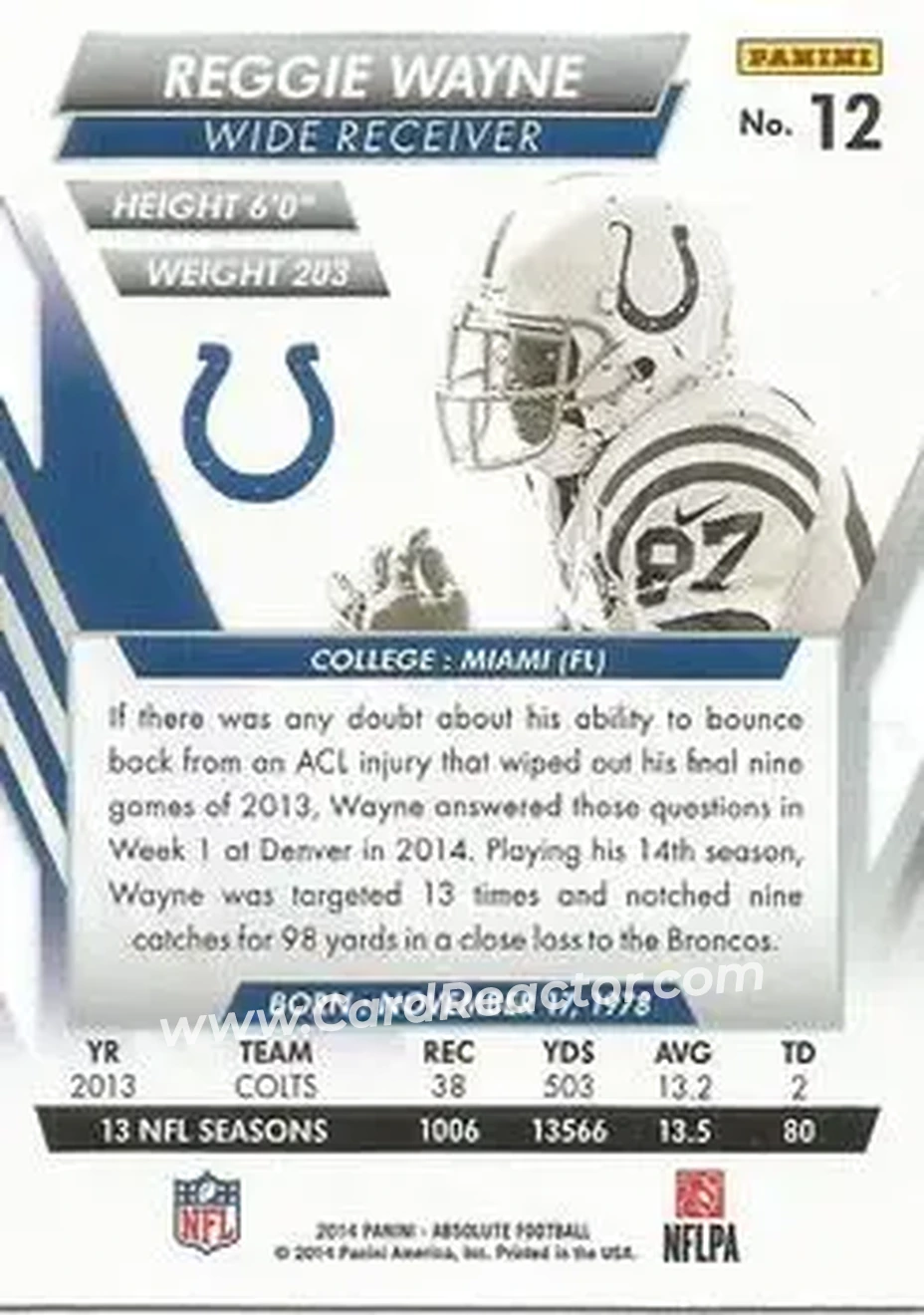 2014 Panini Absolute - Retail #12 - Reggie Wayne - Indianapolis Colts - Back