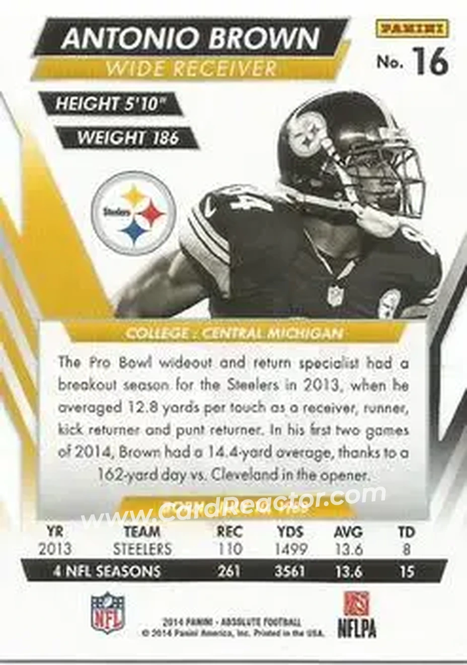 2014 Panini Absolute - Retail #16 - Antonio Brown - Pittsburgh Steelers - Back