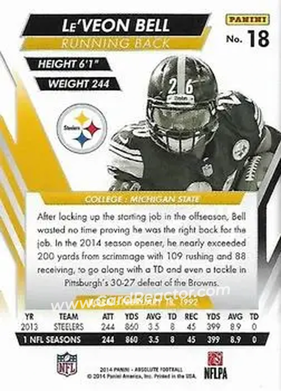 2014 Panini Absolute - Retail #18 - Le'Veon Bell - Pittsburgh Steelers - Back