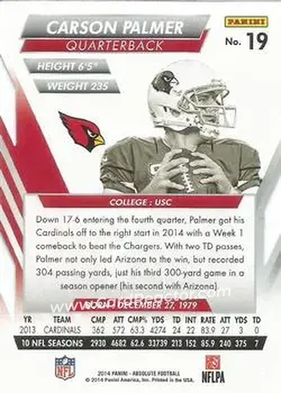 2014 Panini Absolute - Retail #19 - Carson Palmer - Arizona Cardinals - Back
