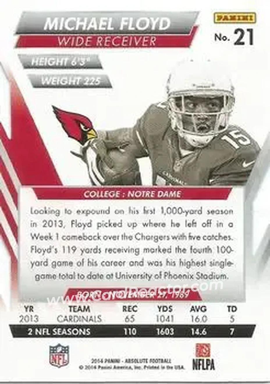 2014 Panini Absolute - Retail #21 - Michael Floyd - Arizona Cardinals - Back