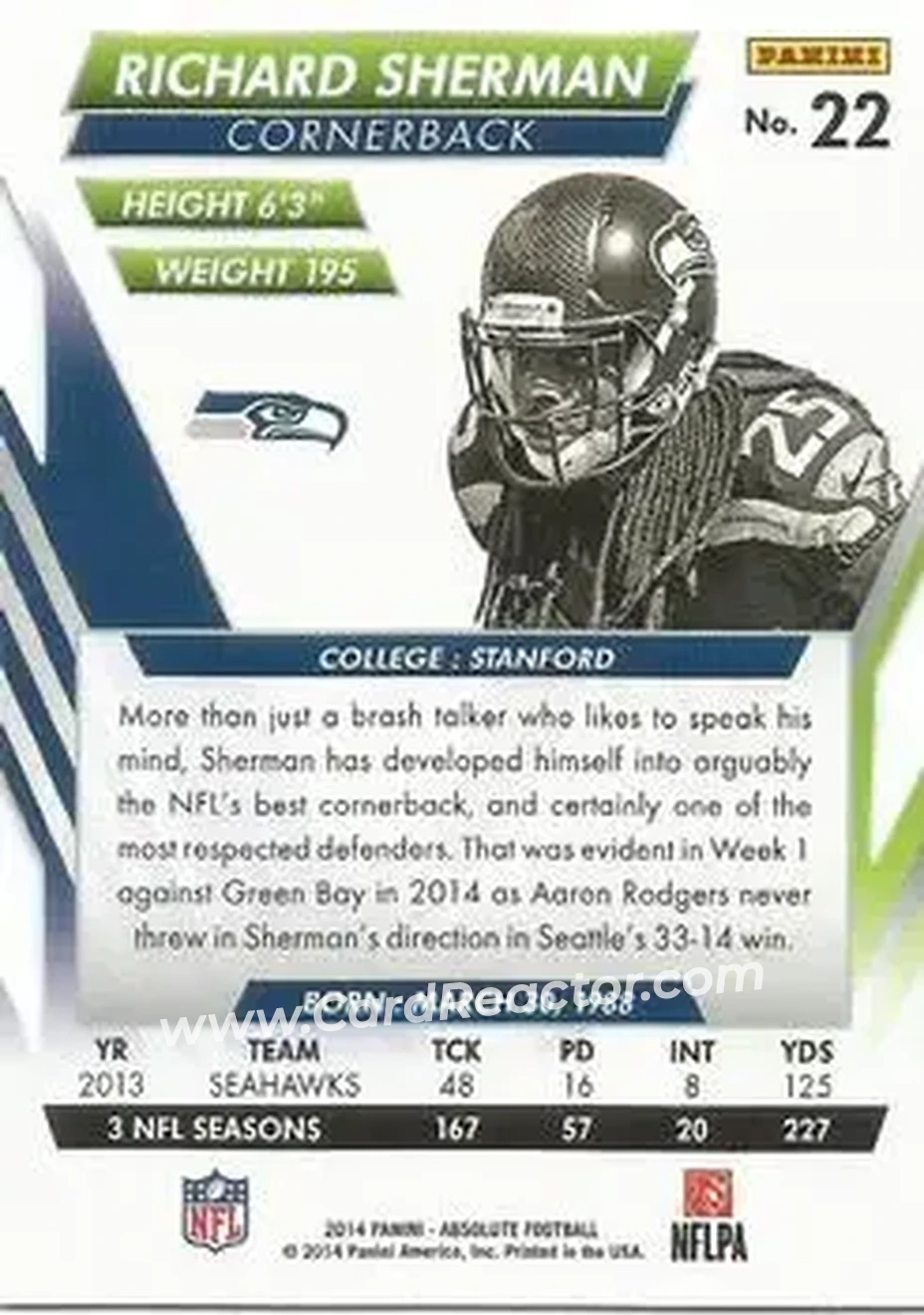 2014 Panini Absolute - Retail #22 - Richard Sherman - Seattle Seahawks - Back