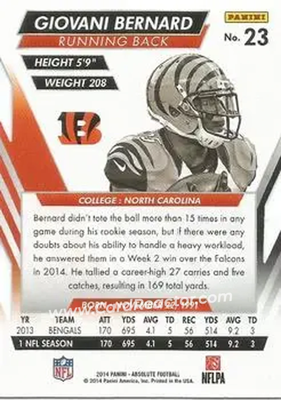 2014 Panini Absolute - Retail #23 - Giovani Bernard - Cincinnati Bengals - Back