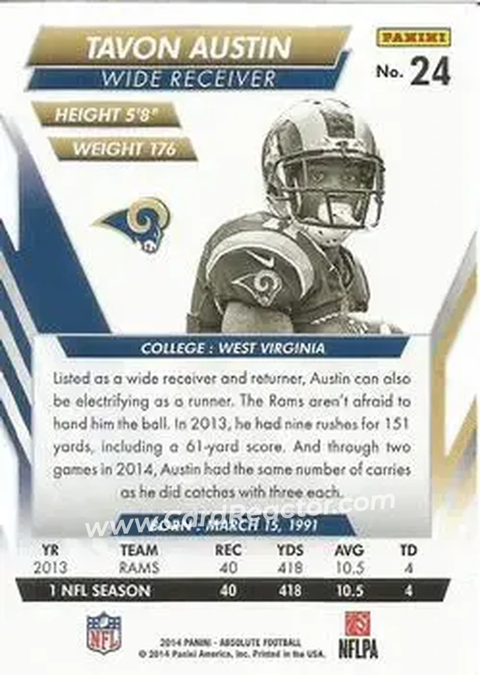 2014 Panini Absolute - Retail #24 - Tavon Austin - St. Louis Rams - Back 2014 Panini Absolute - Retail #24 - Tavon Austin - St. Louis Rams - Back