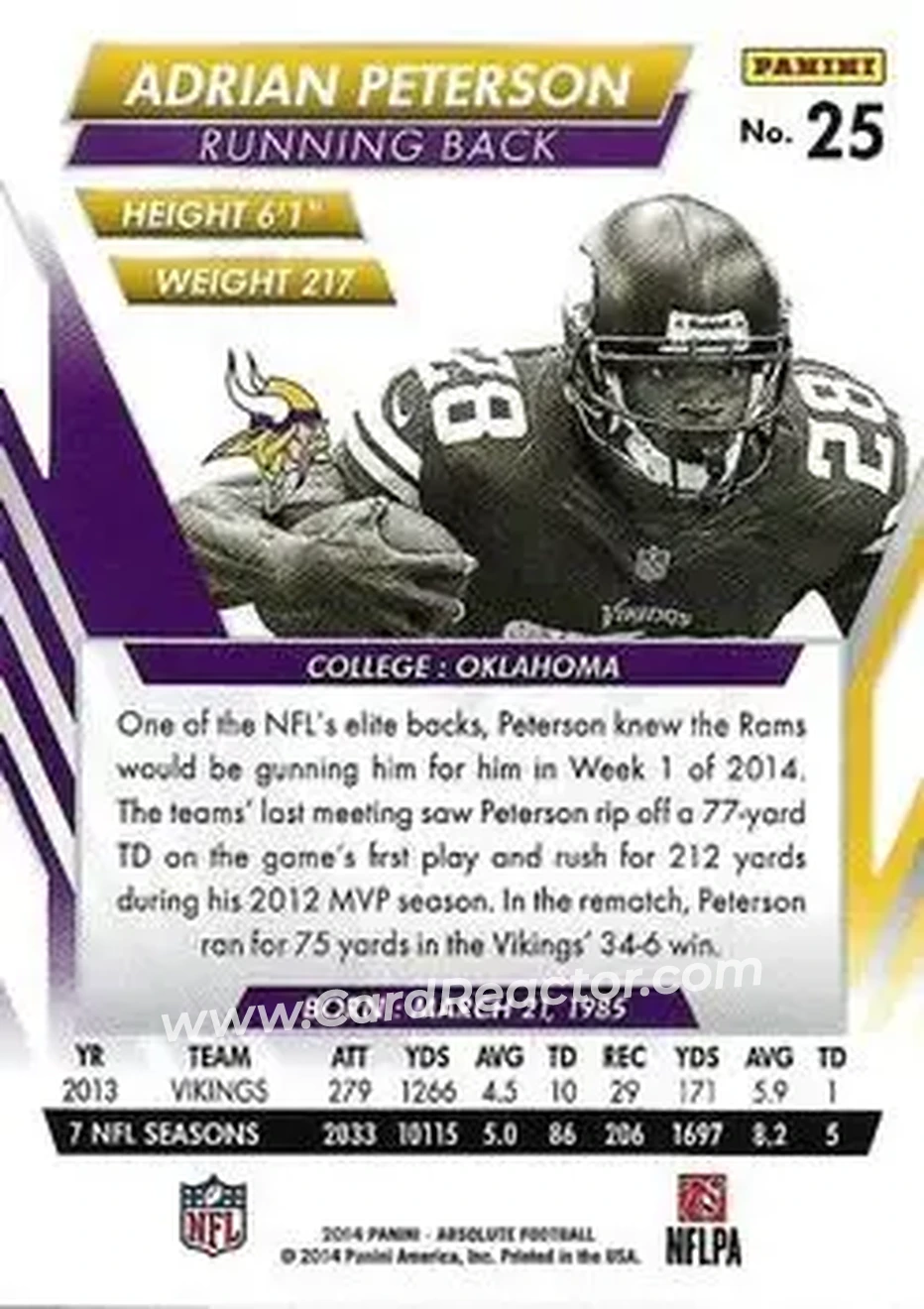 2014 Panini Absolute - Retail #25 - Adrian Peterson - Minnesota Vikings - Back 2014 Panini Absolute - Retail #25 - Adrian Peterson - Minnesota Vikings - Back