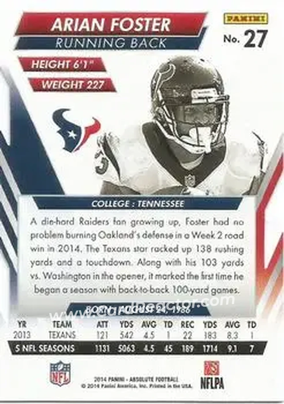 2014 Panini Absolute - Retail #27 - Arian Foster - Houston Texans - Back