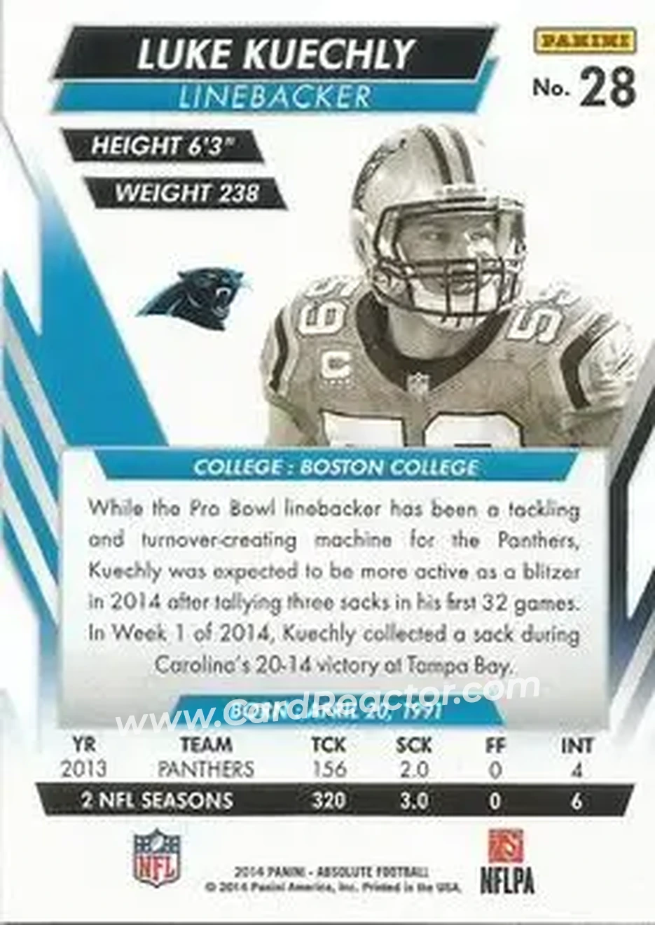 2014 Panini Absolute - Retail #28 - Luke Kuechly - Carolina Panthers - Back