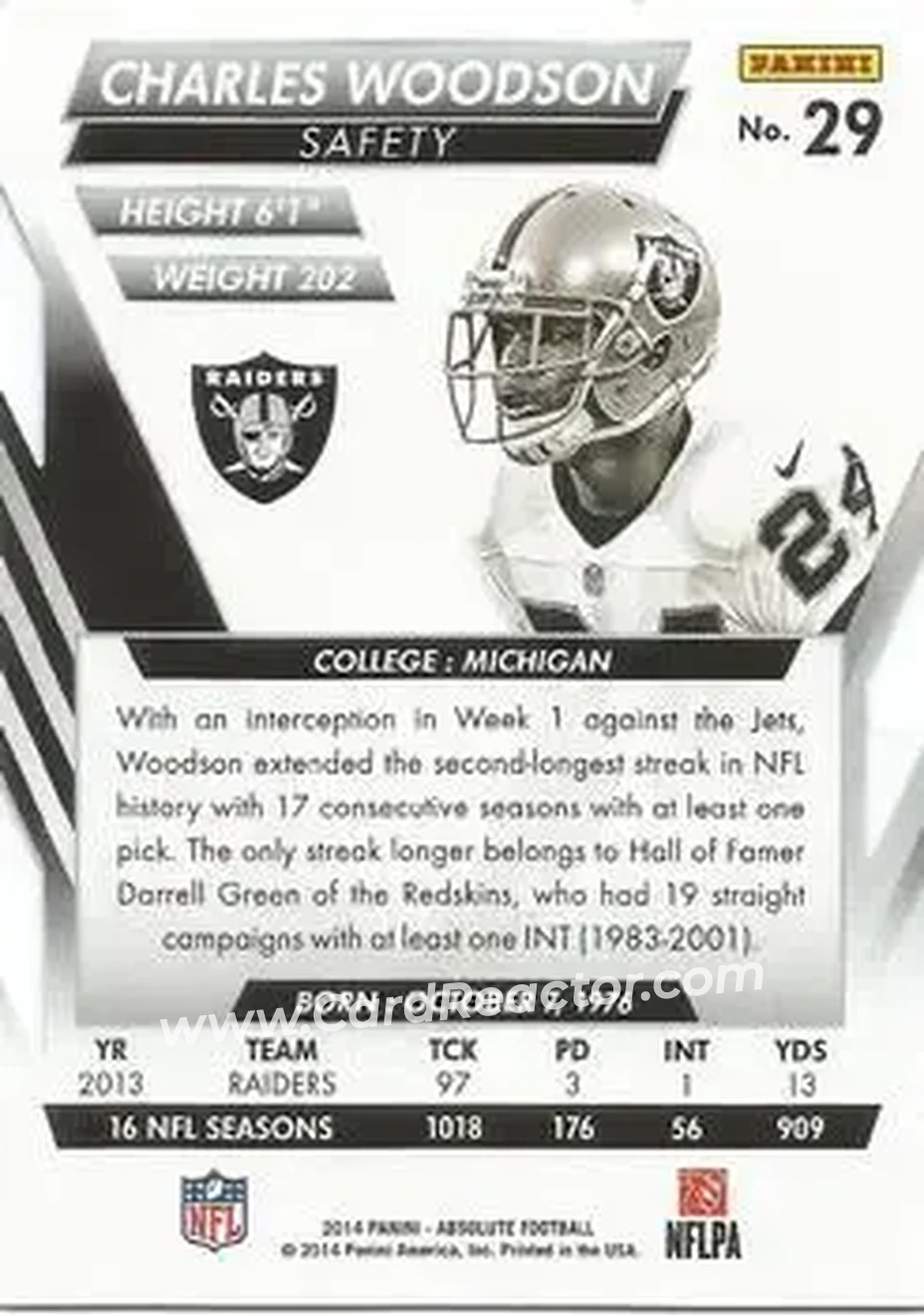 2014 Panini Absolute - Retail #29 - Charles Woodson - Oakland Raiders - Back