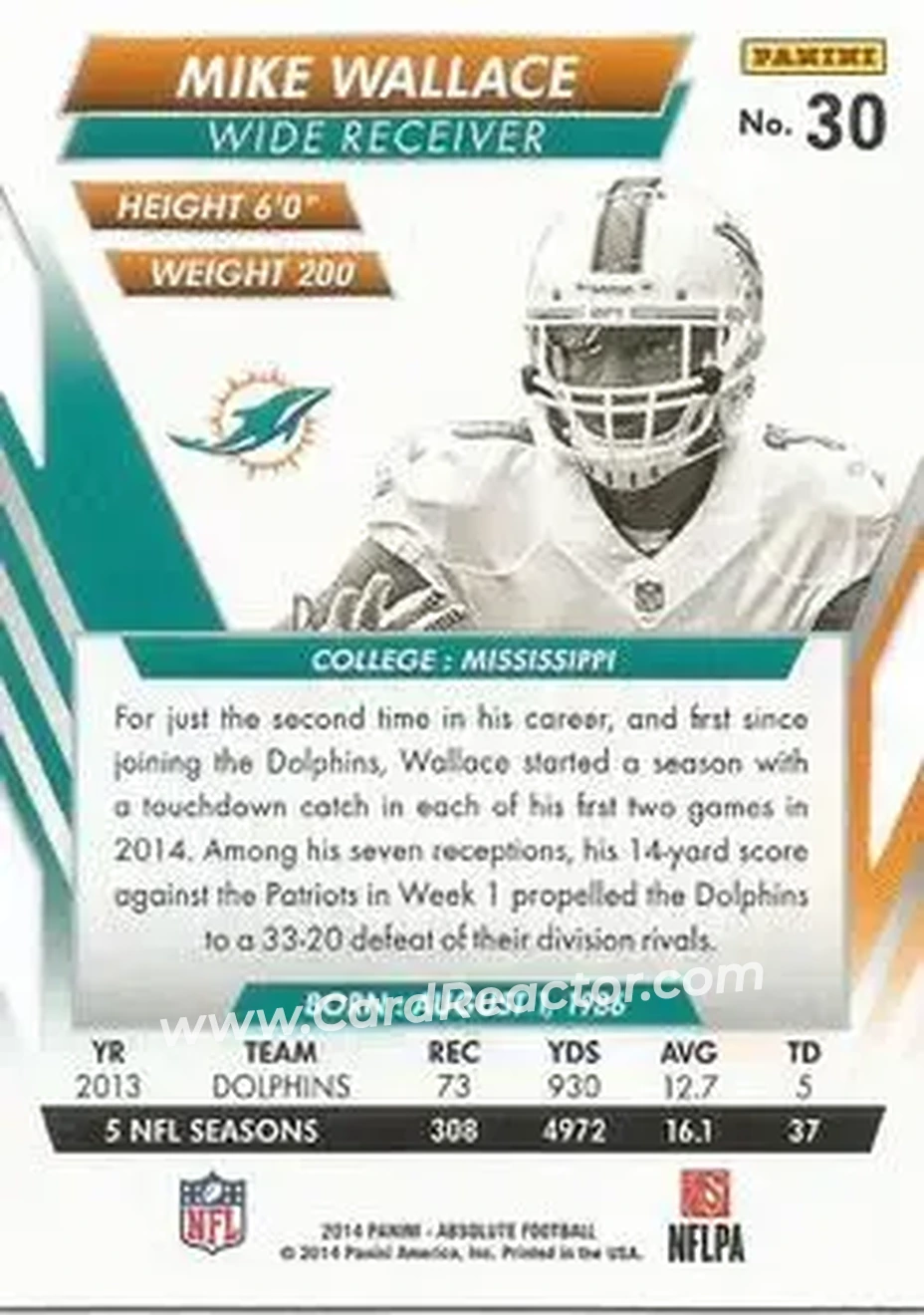 2014 Panini Absolute - Retail #30 - Mike Wallace - Miami Dolphins - Back