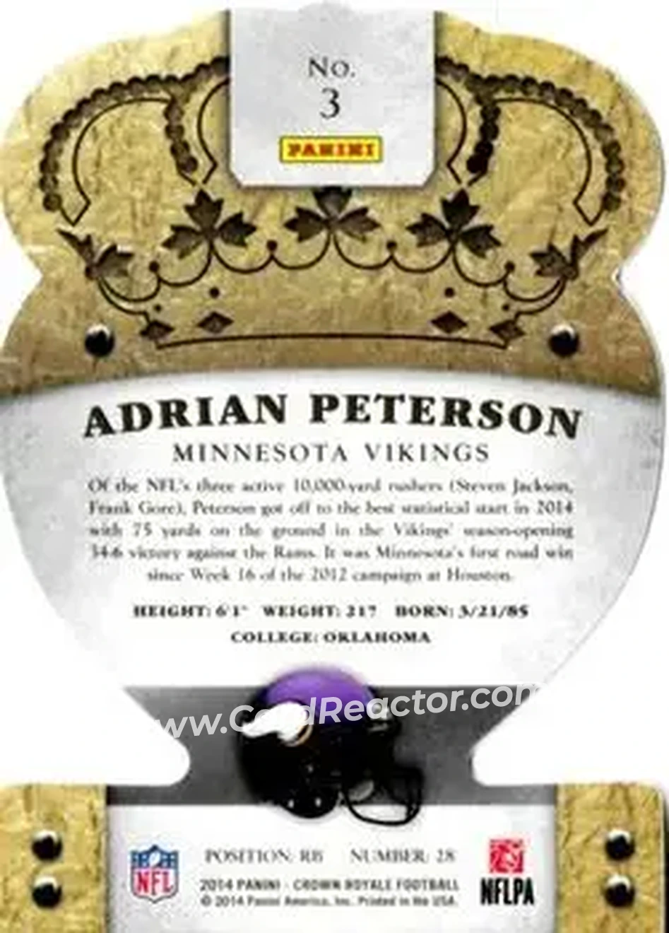 2014 Panini Crown Royale #3 - Adrian Peterson - Minnesota Vikings - Back