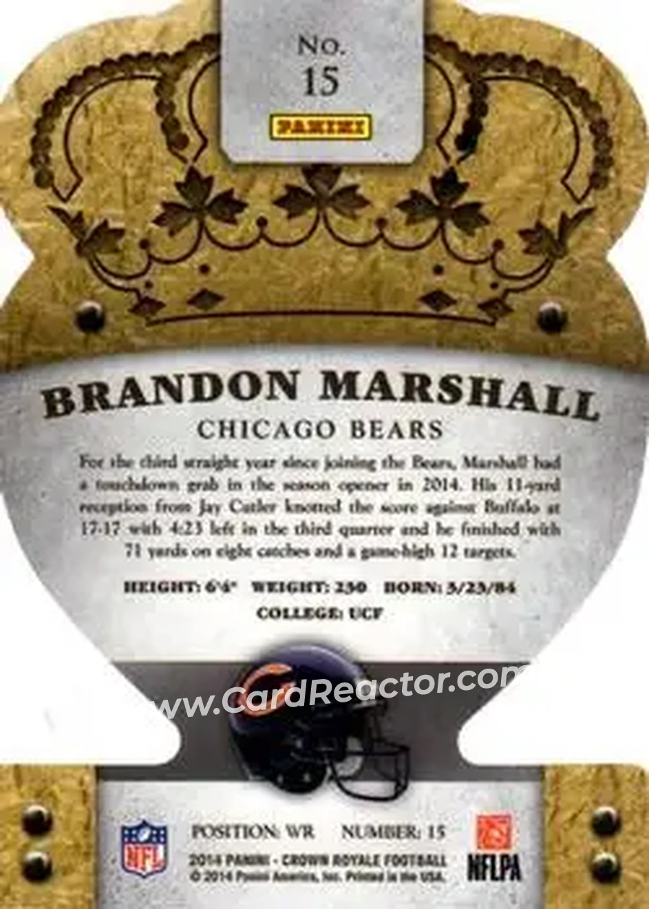 2014 Panini Crown Royale #15 - Brandon Marshall - Chicago Bears - Back