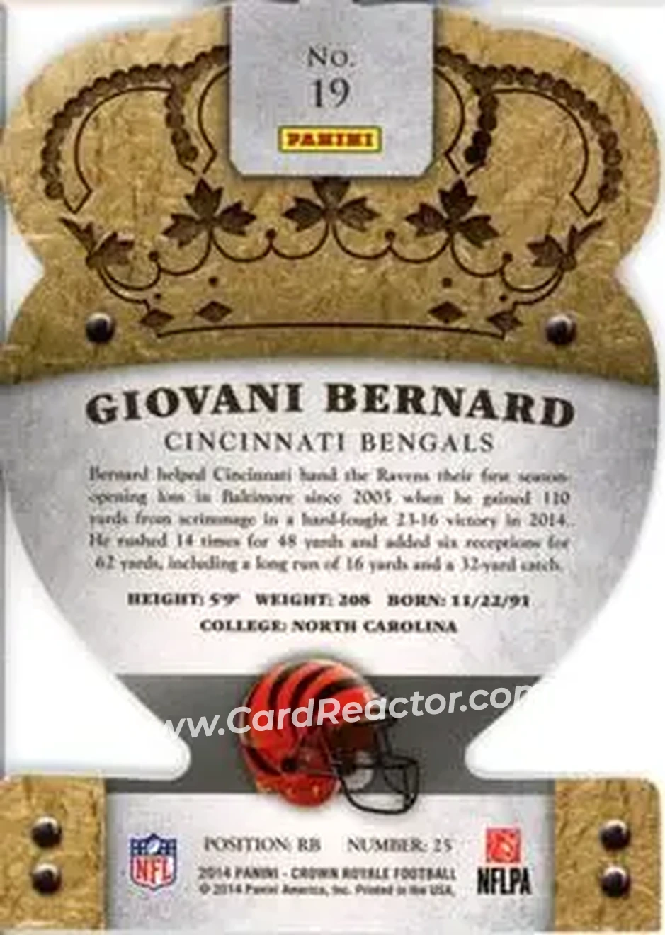 2014 Panini Crown Royale #19 - Giovani Bernard - Cincinnati Bengals - Back