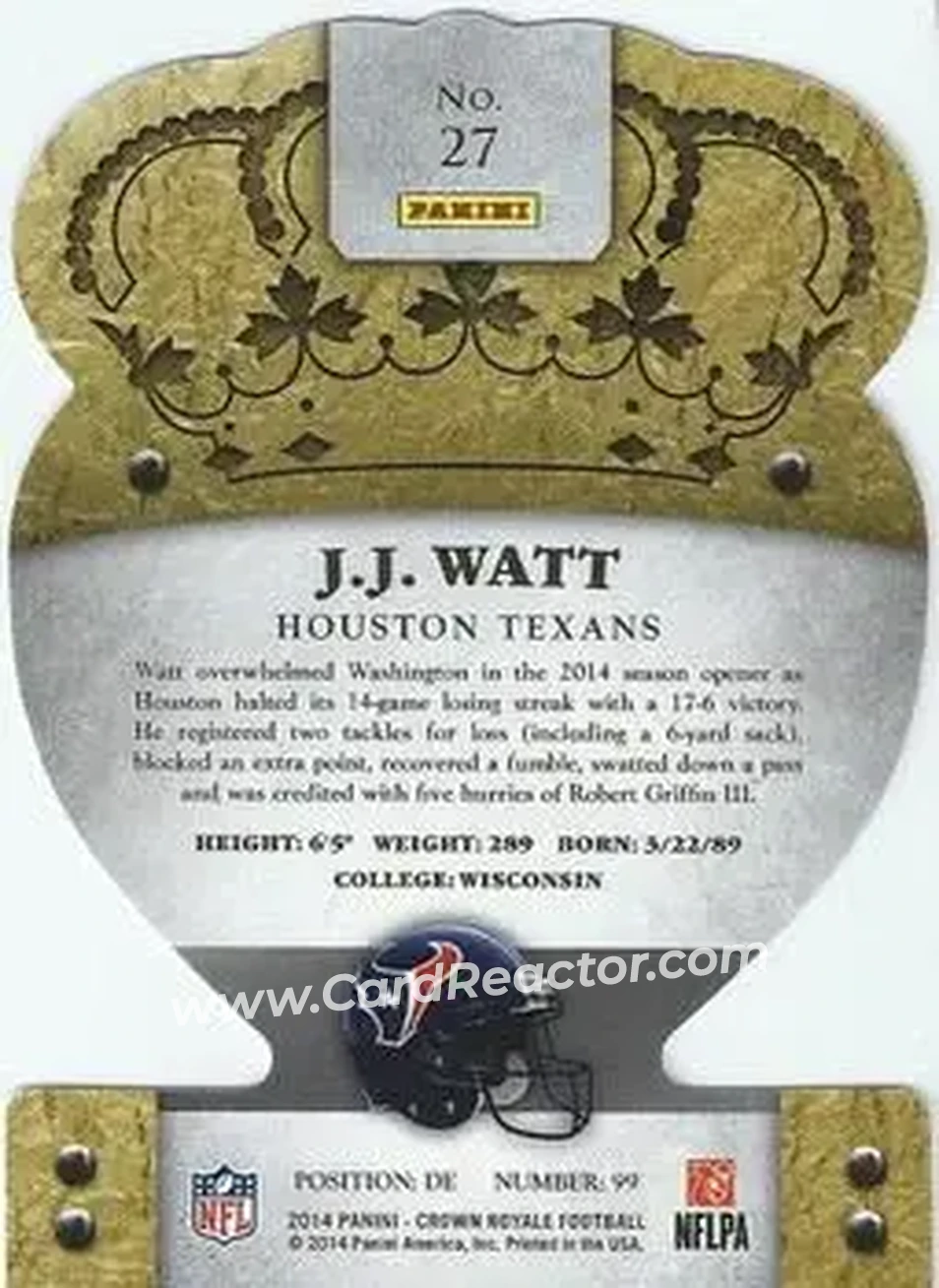 2014 Panini Crown Royale #27 - J.J. Watt - Houston Texans - Back