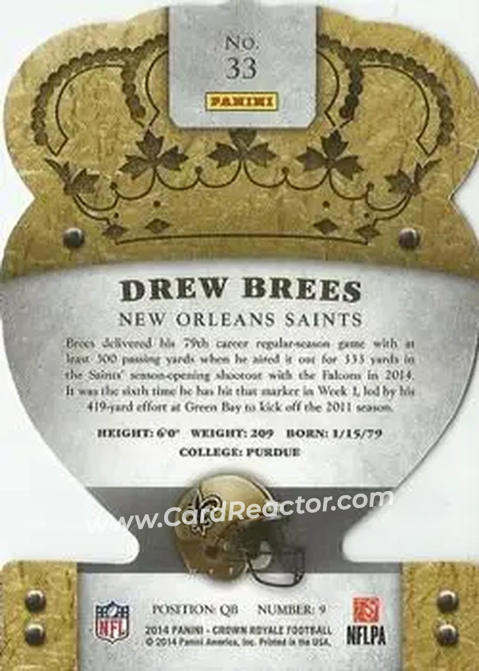 2014 Panini Crown Royale #33 - Drew Brees - New Orleans Saints - Back