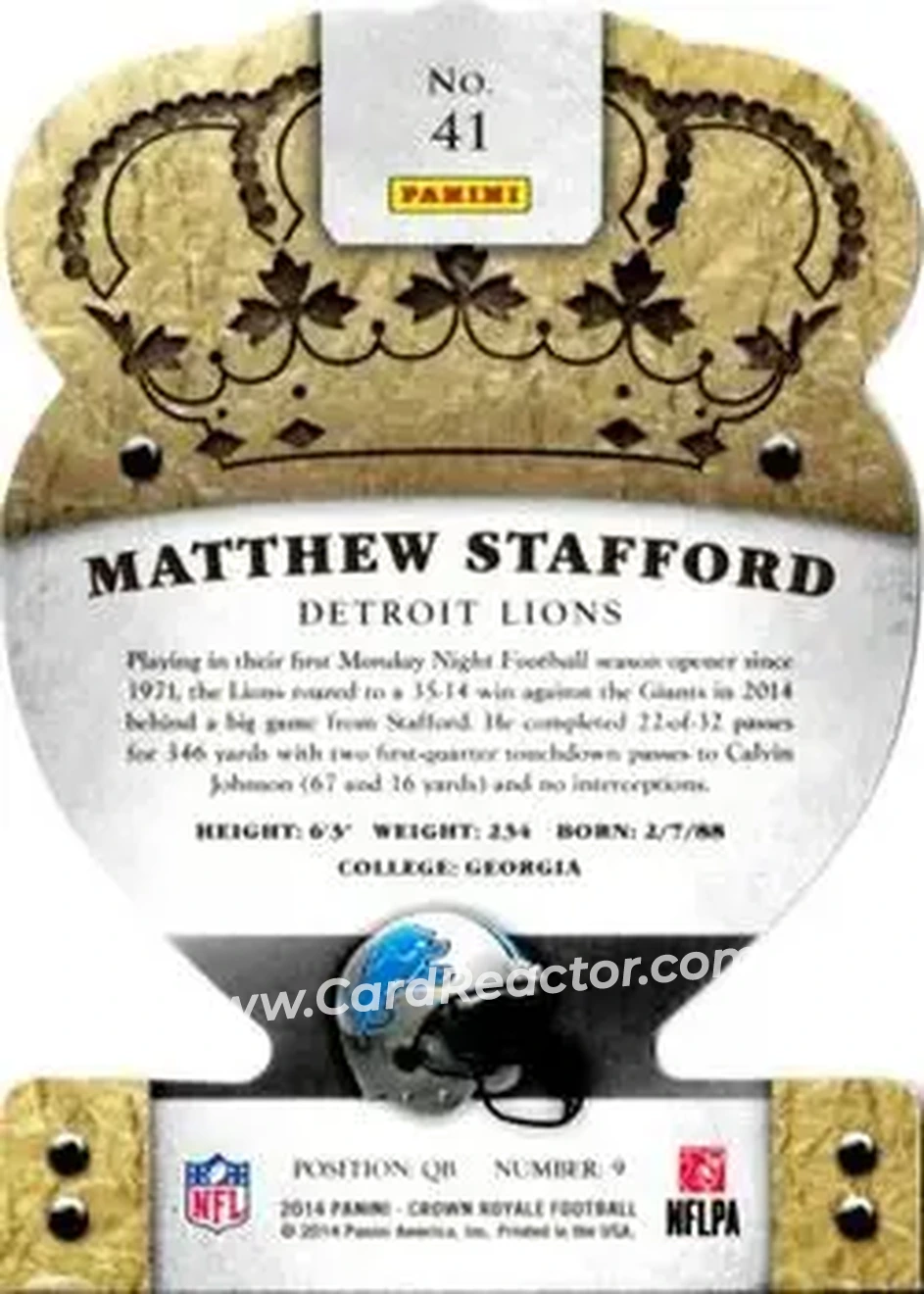 2014 Panini Crown Royale #41 - Matthew Stafford - Detroit Lions - Back
