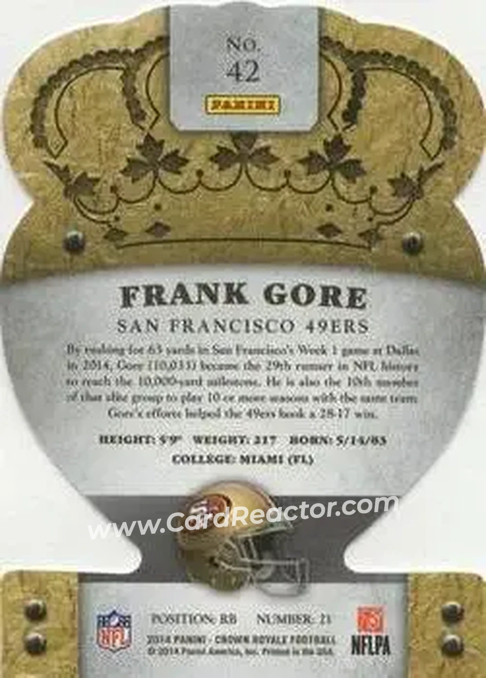 2014 Panini Crown Royale #42 - Frank Gore - San Francisco 49ers - Back