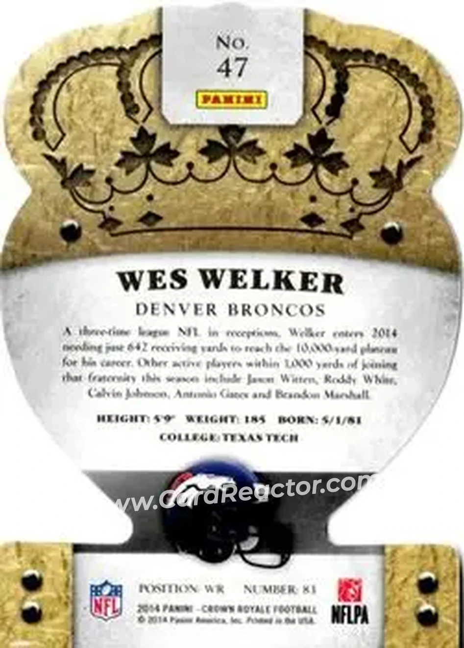 2014 Panini Crown Royale #47 - Wes Welker - Denver Broncos - Back