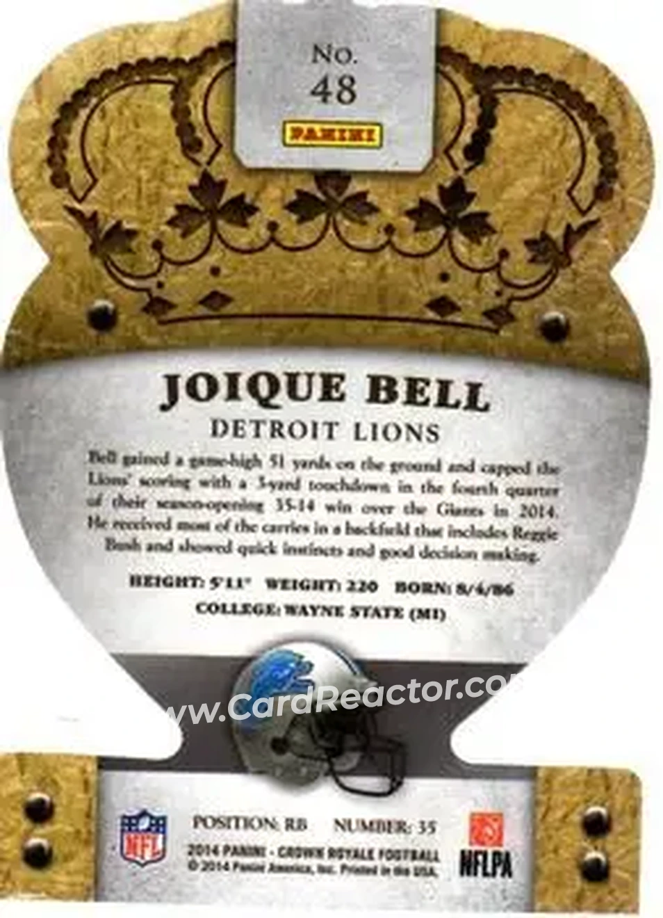 2014 Panini Crown Royale #48 - Joique Bell - Detroit Lions - Back