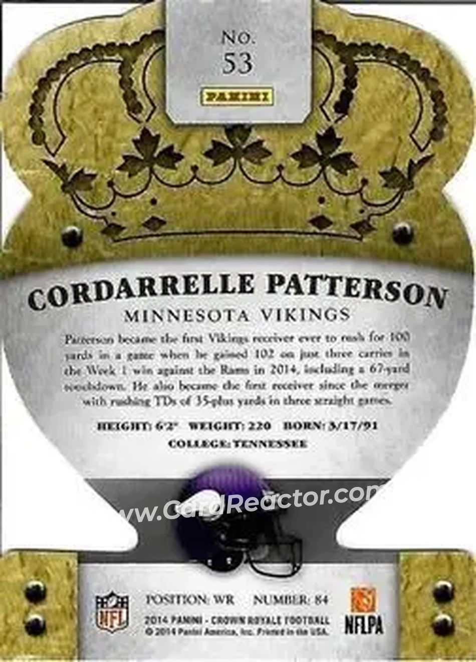 2014 Panini Crown Royale #53 - Cordarrelle Patterson - Minnesota Vikings - Back