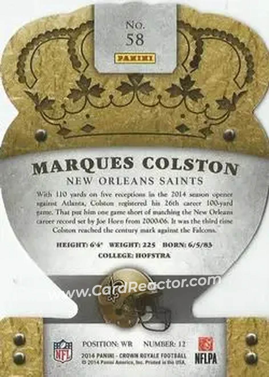 2014 Panini Crown Royale #58 - Marques Colston - New Orleans Saints - Back