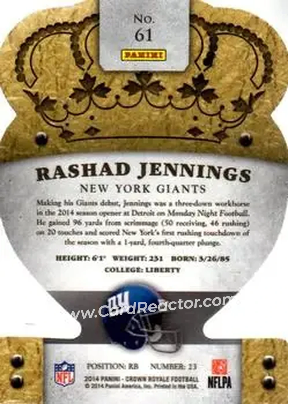 2014 Panini Crown Royale #61 - Rashad Jennings - New York Giants - Back