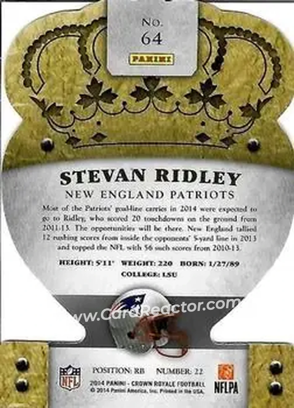 2014 Panini Crown Royale #64 - Stevan Ridley - New England Patriots - Back