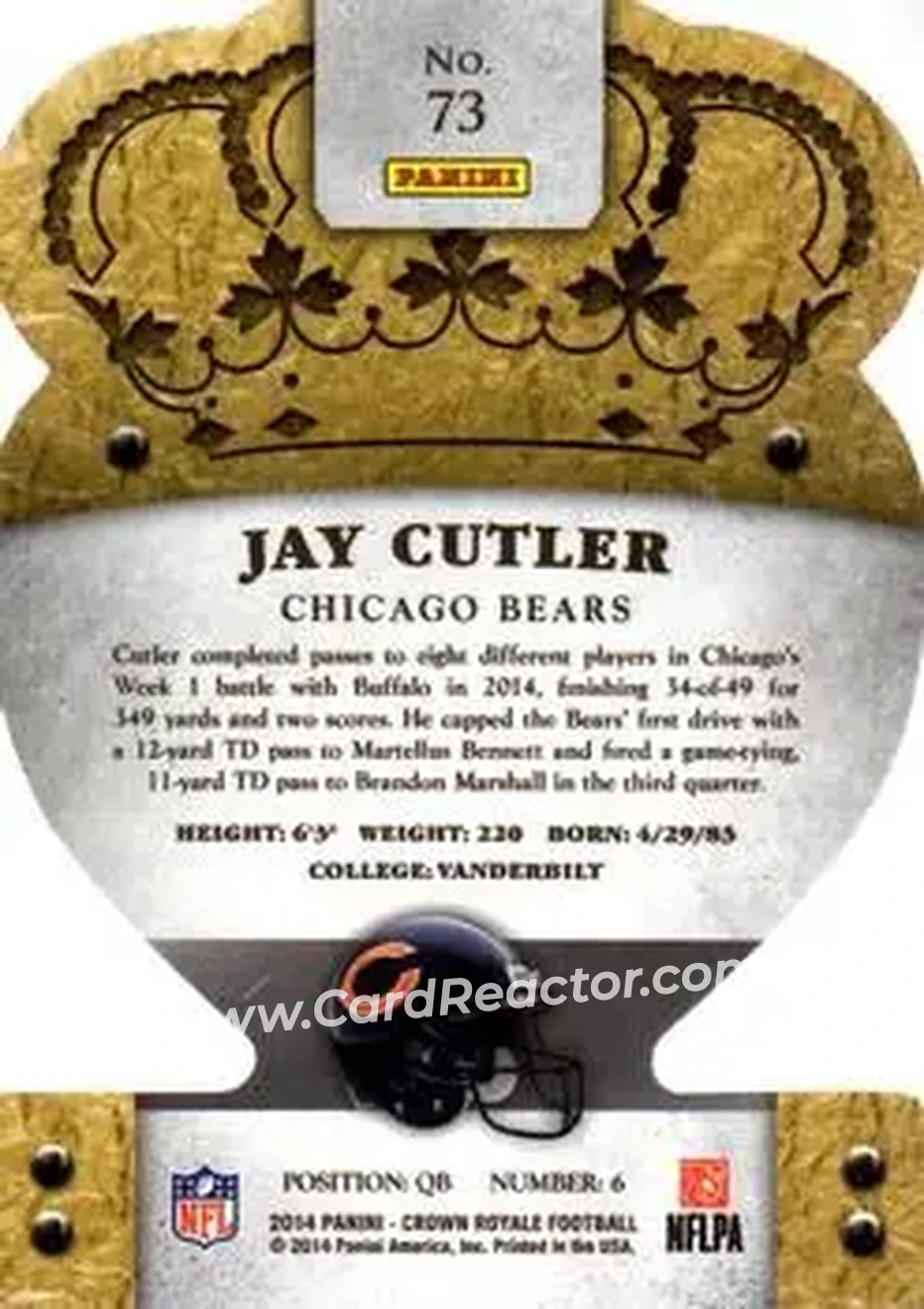 2014 Panini Crown Royale #73 - Jay Cutler - Chicago Bears - Back